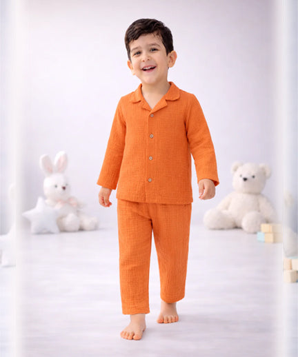 Full Sleeves Collared Shirt with Full Pant – Muslin Gauze Loungewear Set (Orange Color) – Suitable for Kids (1–6 Years)