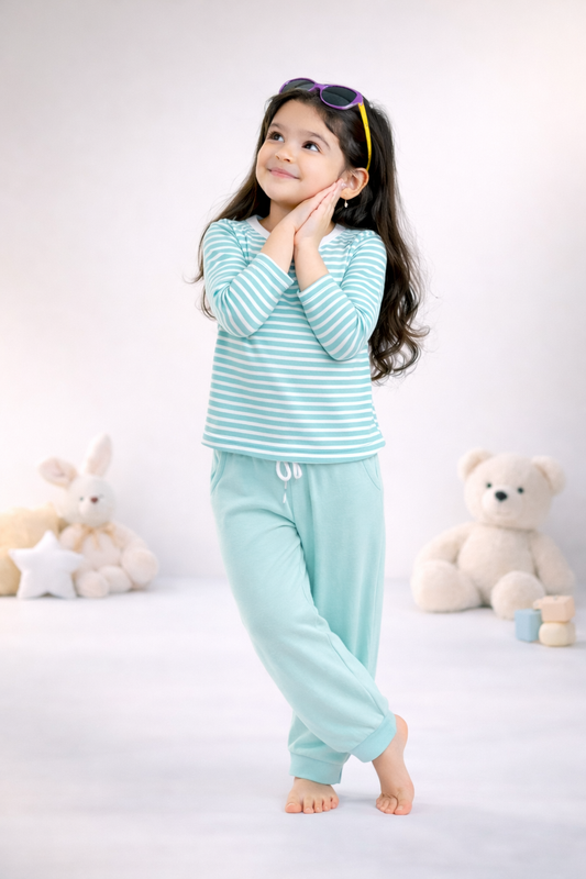 Full sleeves round neck t-shirt with full pants casual wear set – stripe mint green design (2–6 years)