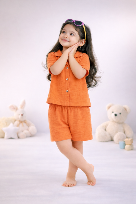 Half Sleeves Collared Shirt with Shorts – Muslin Gauze Loungewear Set (Orange Color) – Suitable for Kids (1–6 Years)