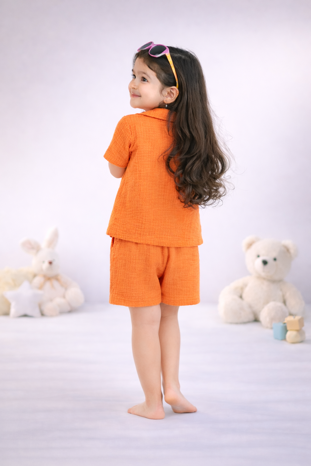 Half Sleeves Collared Shirt with Shorts – Muslin Gauze Loungewear Set (Orange Color) – Suitable for Kids (1–6 Years)