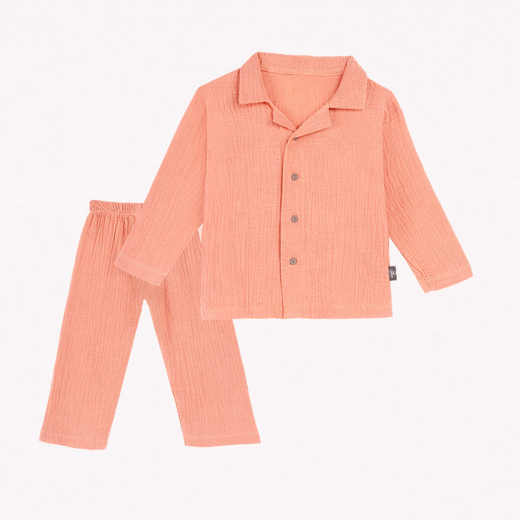 Full Sleeves Collared Shirt with Full Pant – Muslin Gauze Loungewear Set (Peach Color) -Suitable for kids (1-6 years)