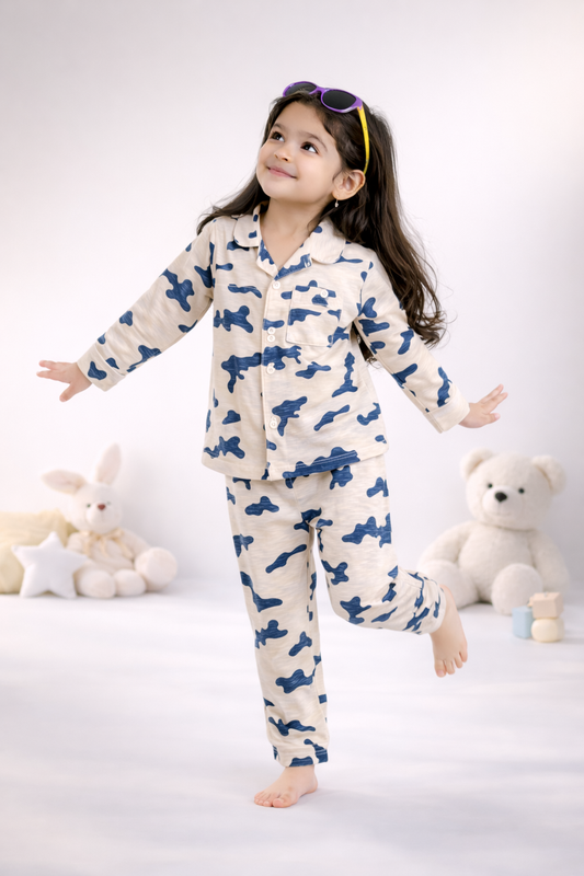 Full Sleeves Collar Shirt with Full Pant Beige-Blue Camouflage Printed Nightwear Set (2–6 years)