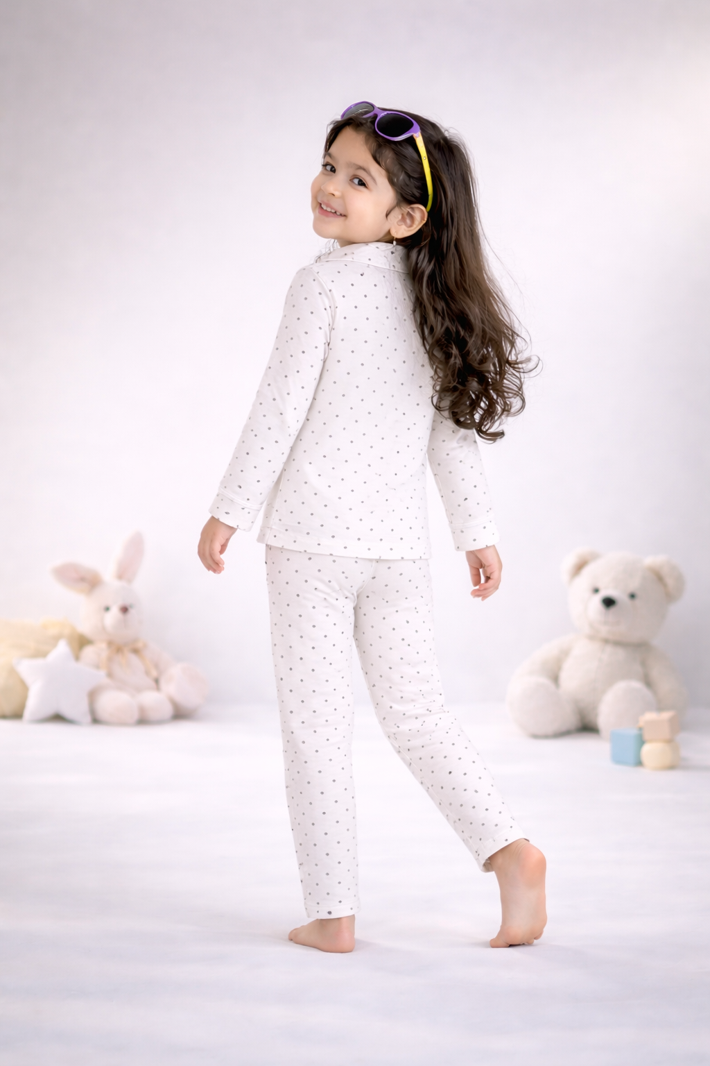 Full Sleeves Collar Shirt with Full Pant Nightwear Set – Peach Base Polka Dot Printed Sleepwear Set (2–6 years)
