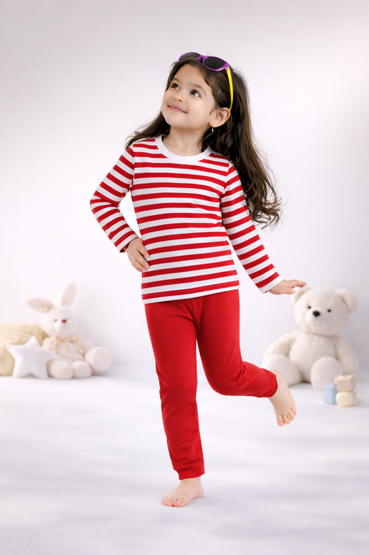 Full Sleeves Round Neck T-Shirt with Full Pants Casual Wear Set – Red & White Stripe Pattern (2–6 years)