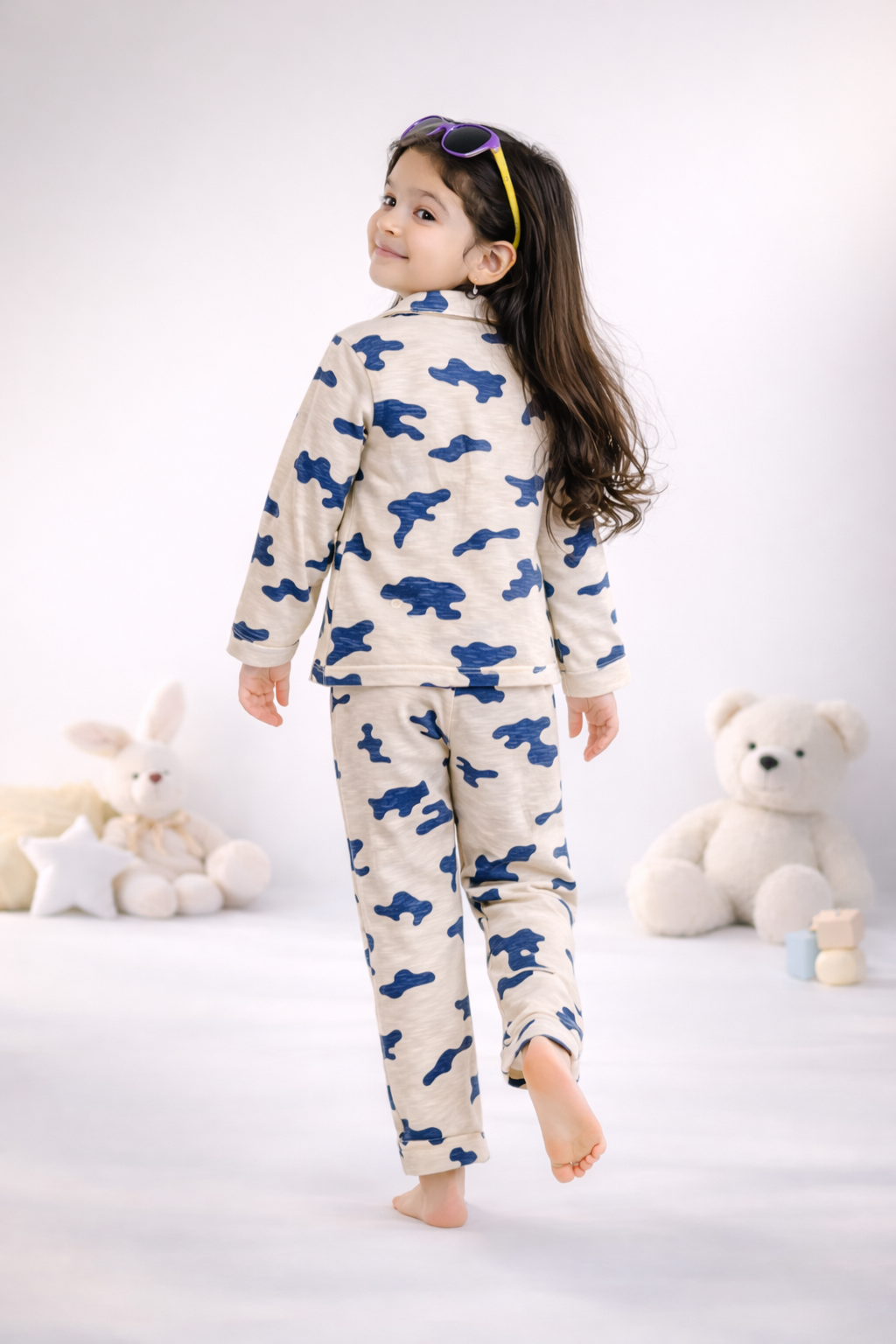 Full Sleeves Collar Shirt with Full Pant Beige-Blue Camouflage Printed Nightwear Set (2–6 years)