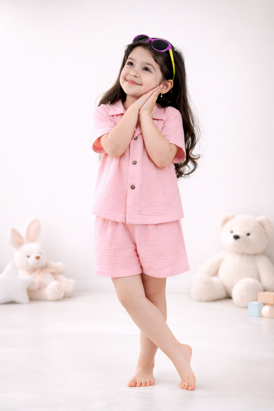 Half Sleeves Collared Shirt with Shorts – Muslin Gauze Loungewear Set (Pink Color) – Suitable for Kids (1–6 Years)