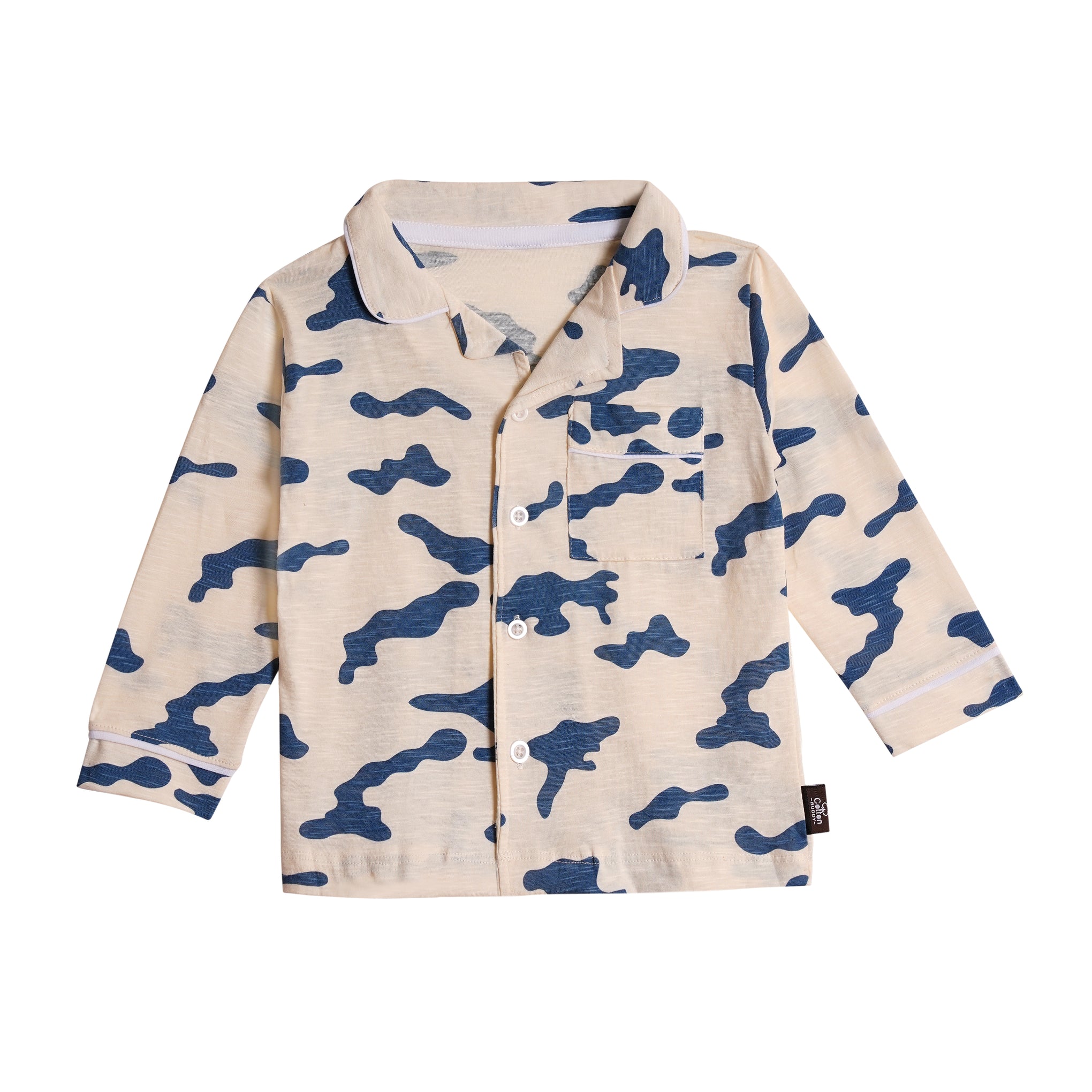 Full Sleeves Collar Shirt with Full Pant Beige-Blue Camouflage Printed Nightwear Set (2–6 years)