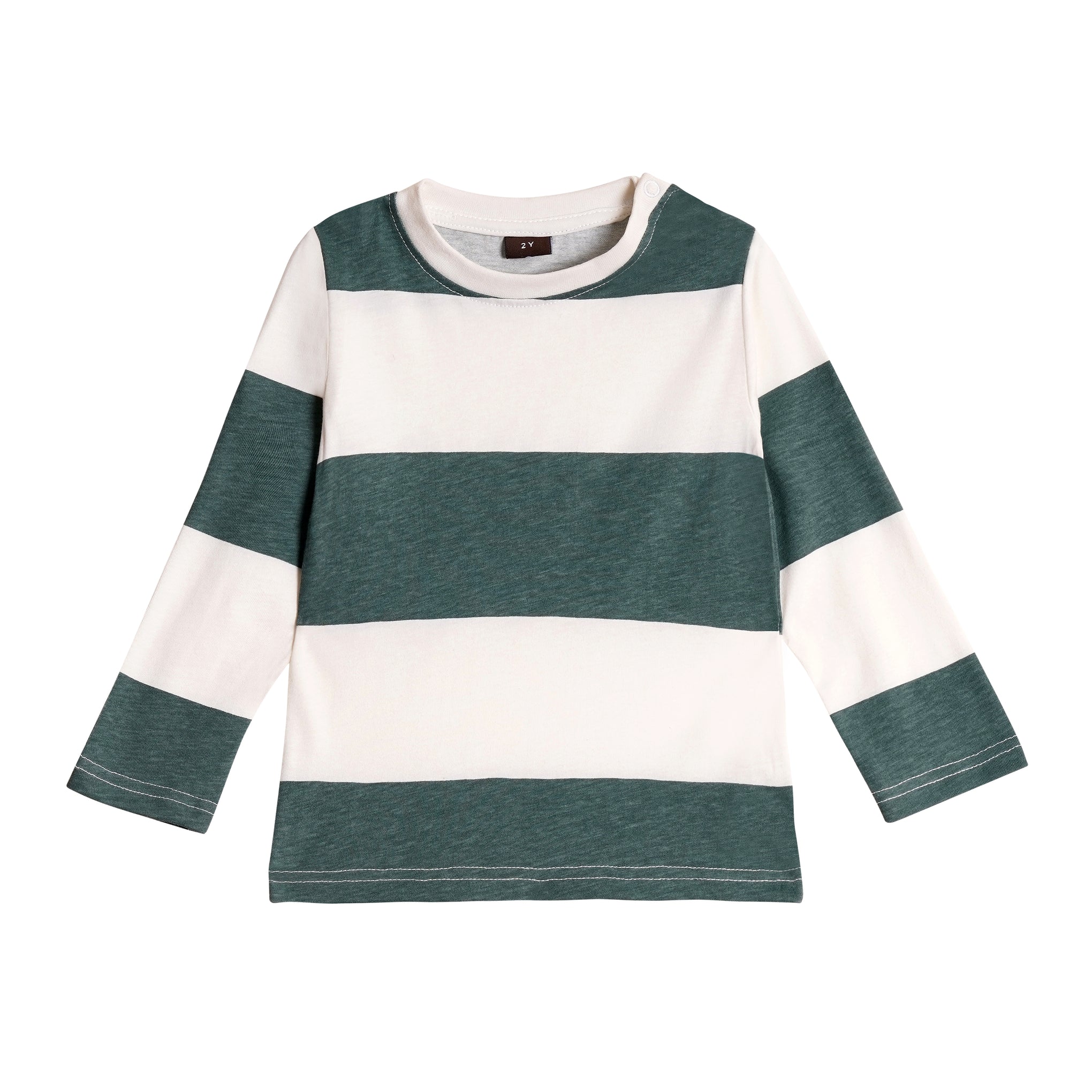 Full Sleeves Round Neck T-Shirt with Full Pants Casual Wear Set – White & Green Stripe Pattern (2–6 years)