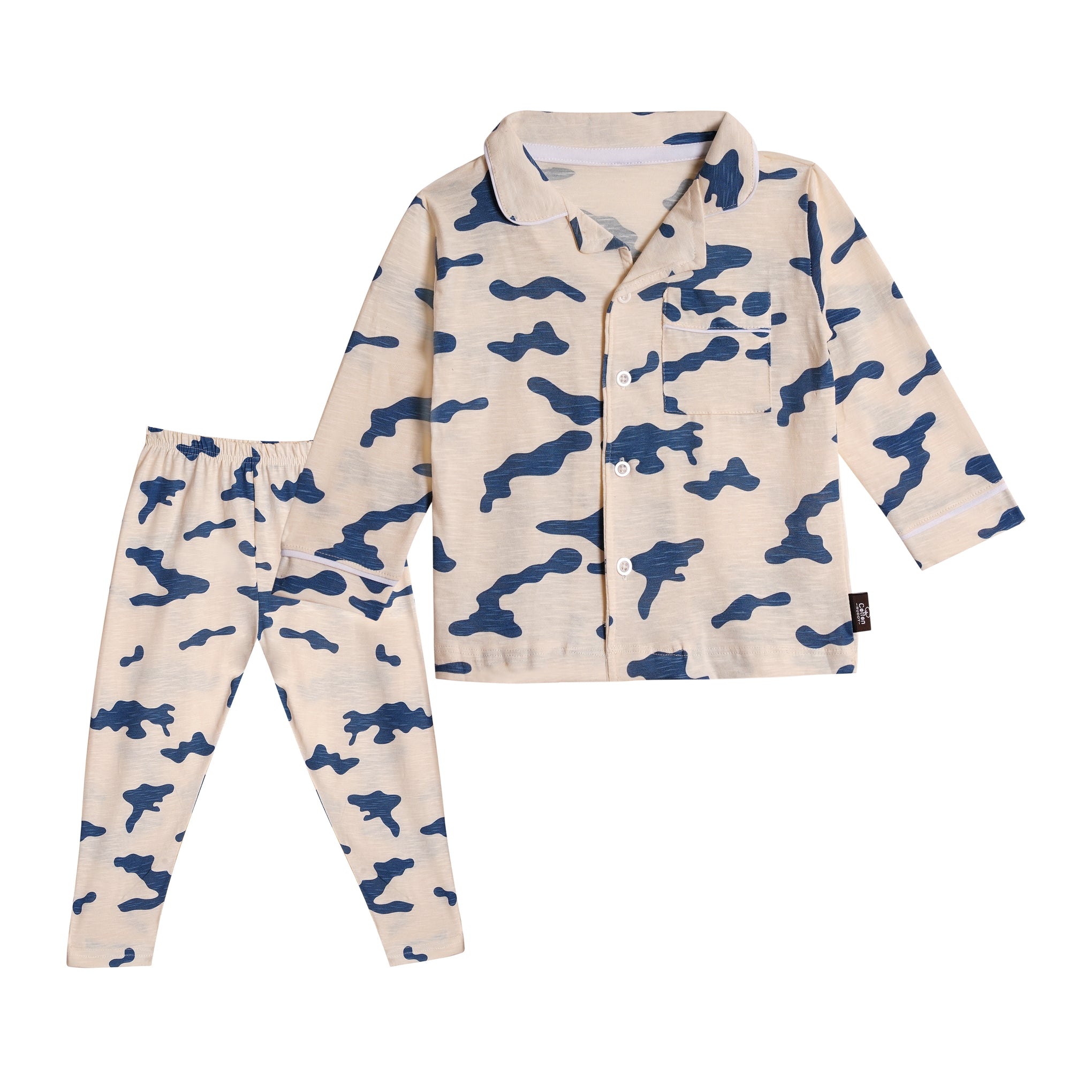 Full Sleeves Collar Shirt with Full Pant Beige-Blue Camouflage Printed Nightwear Set (2–6 years)