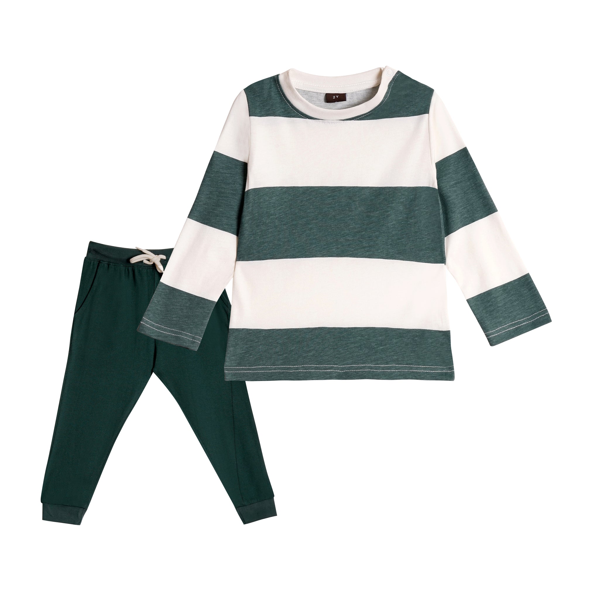 Full Sleeves Round Neck T-Shirt with Full Pants Casual Wear Set – White & Green Stripe Pattern (2–6 years)