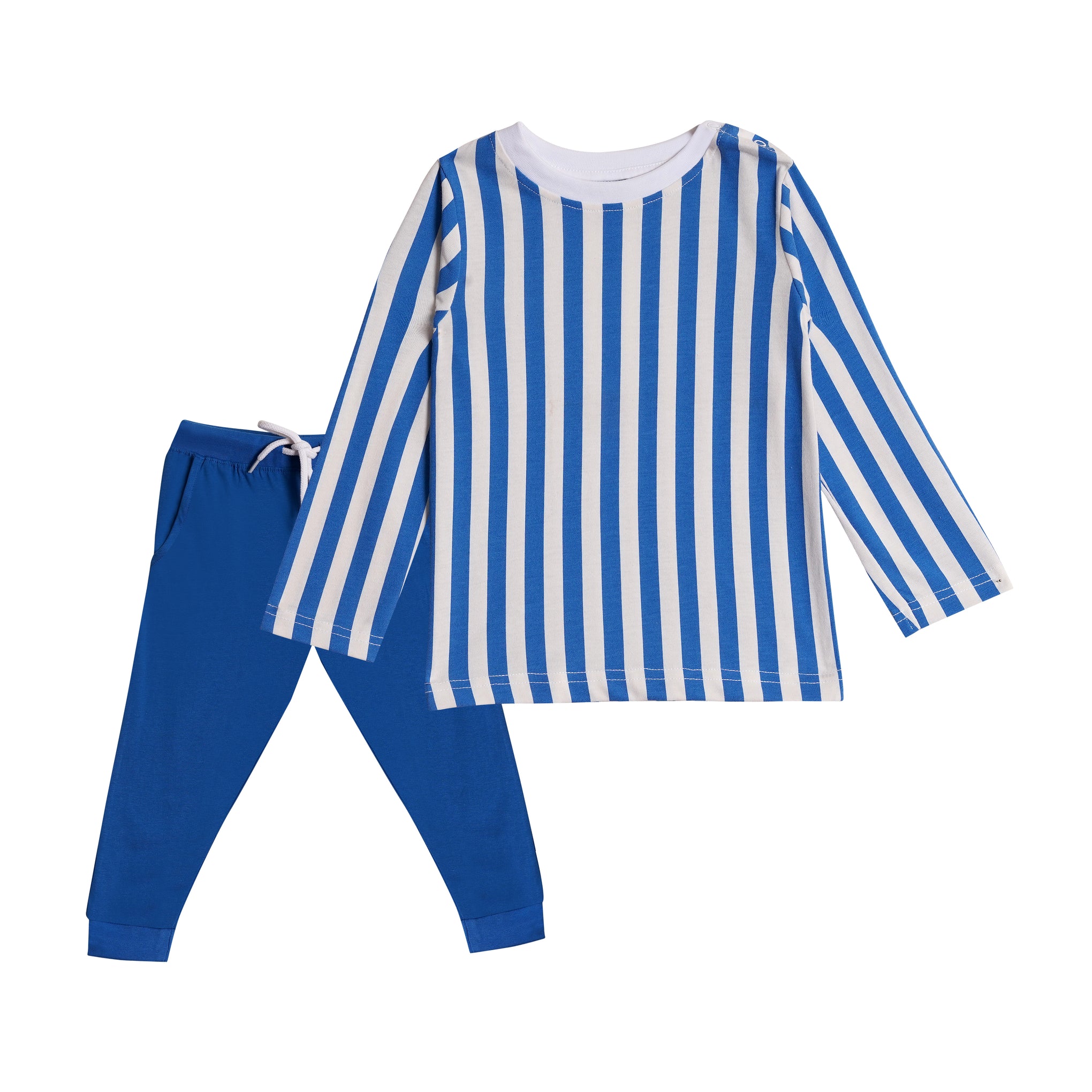 Full Sleeves Round Neck T-Shirt with Full Pants Casual Wear Set – Blue & White Stripe Pattern (2–6 years)