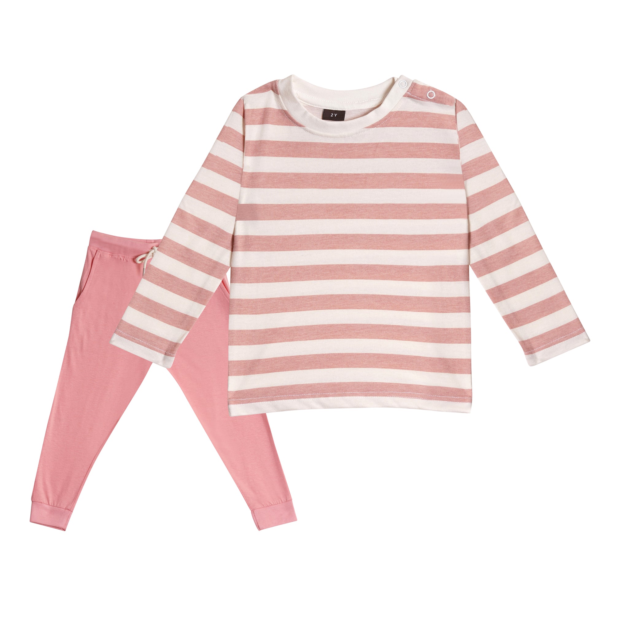 Full sleeves round t-shirt with full pants casual wear stripe pink & white (2–6 years)