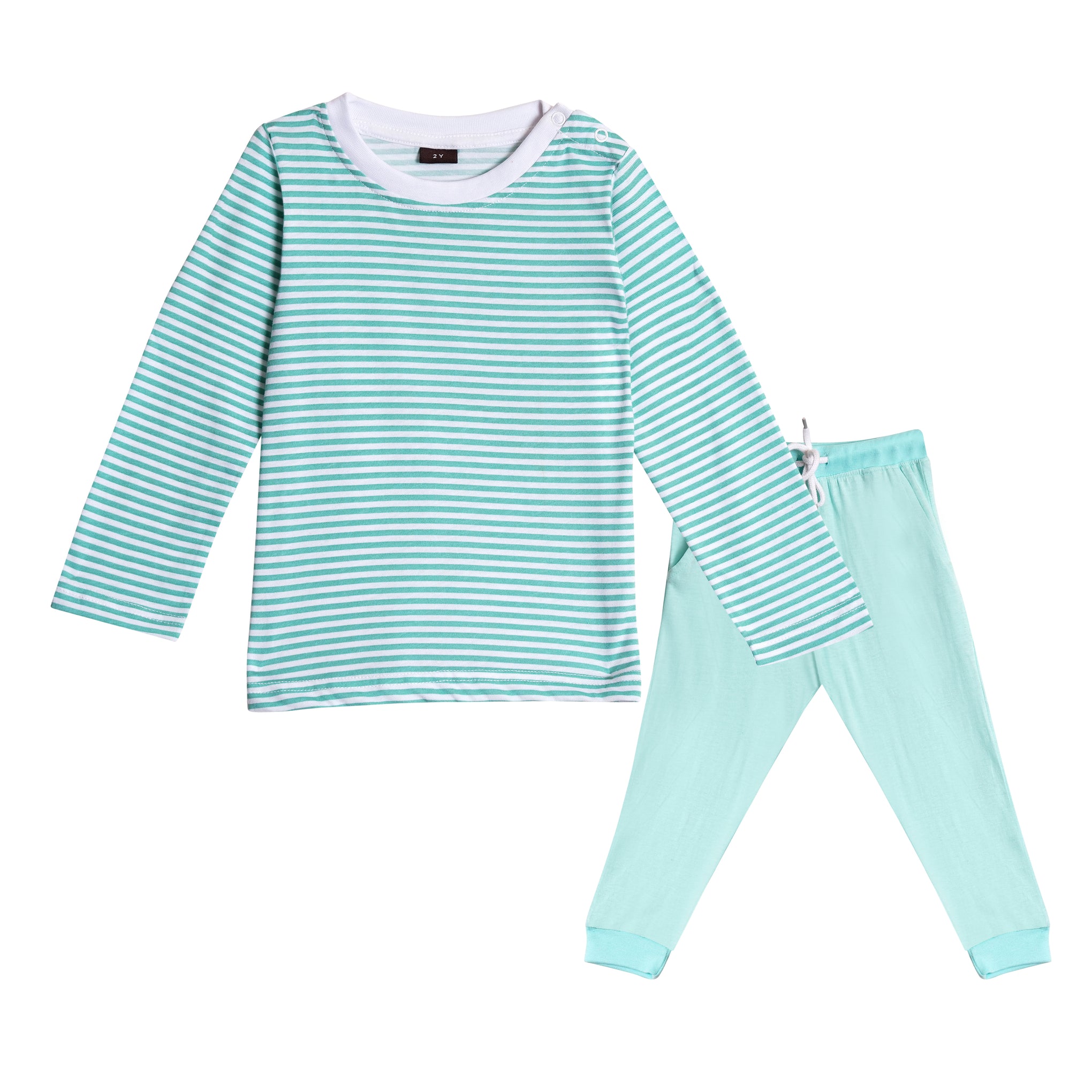 Full sleeves round neck t-shirt with full pants casual wear set – stripe mint green design (2–6 years)