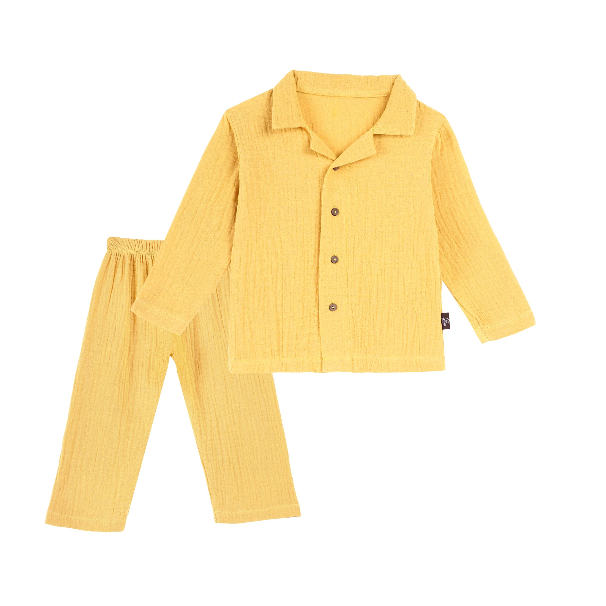 Full Sleeves Collared Shirt with Full Pant – Muslin Gauze Loungewear Set (Yellow Color) – Suitable for Kids (1–6 Years)