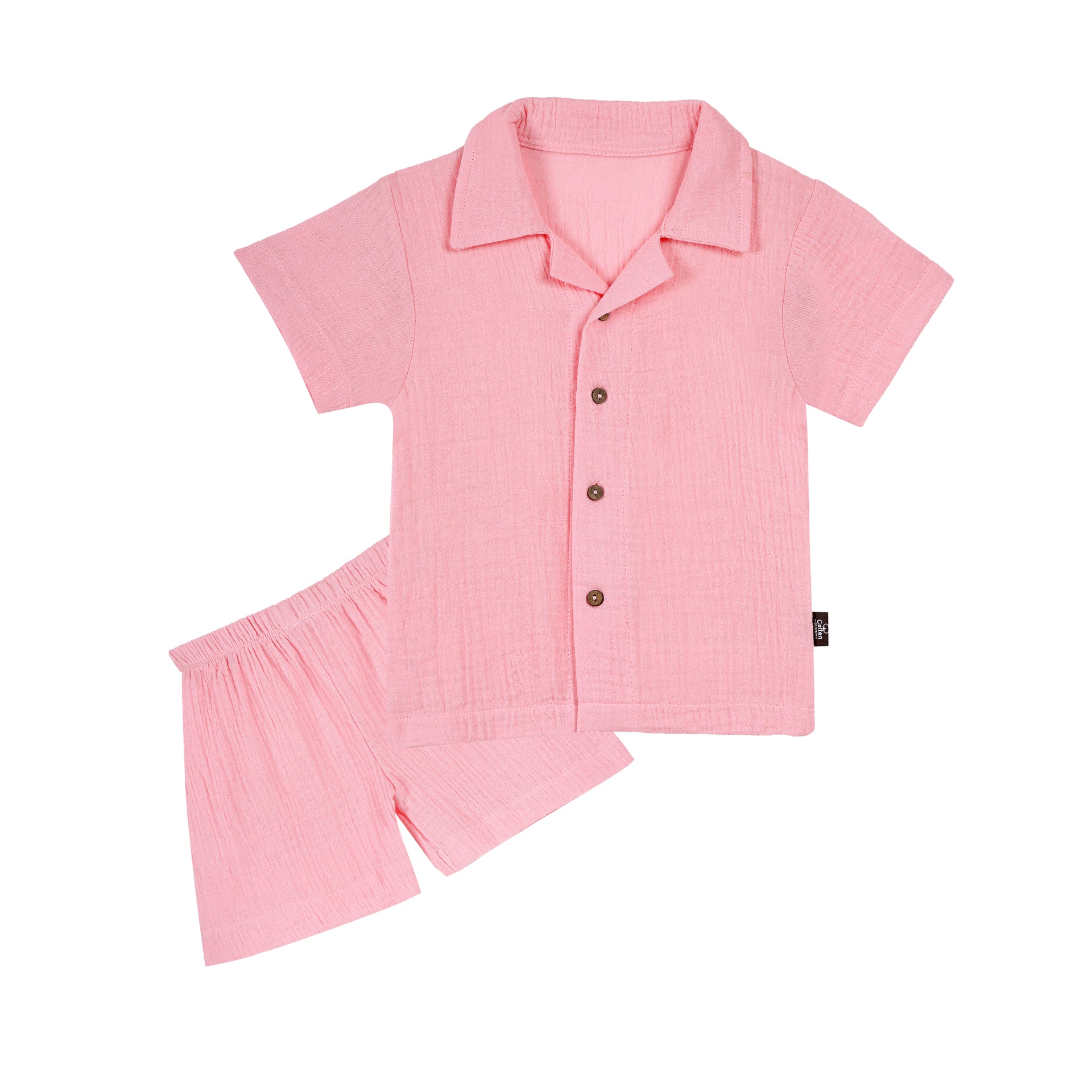 Half Sleeves Collared Shirt with Shorts – Muslin Gauze Loungewear Set (Pink Color) – Suitable for Kids (1–6 Years)