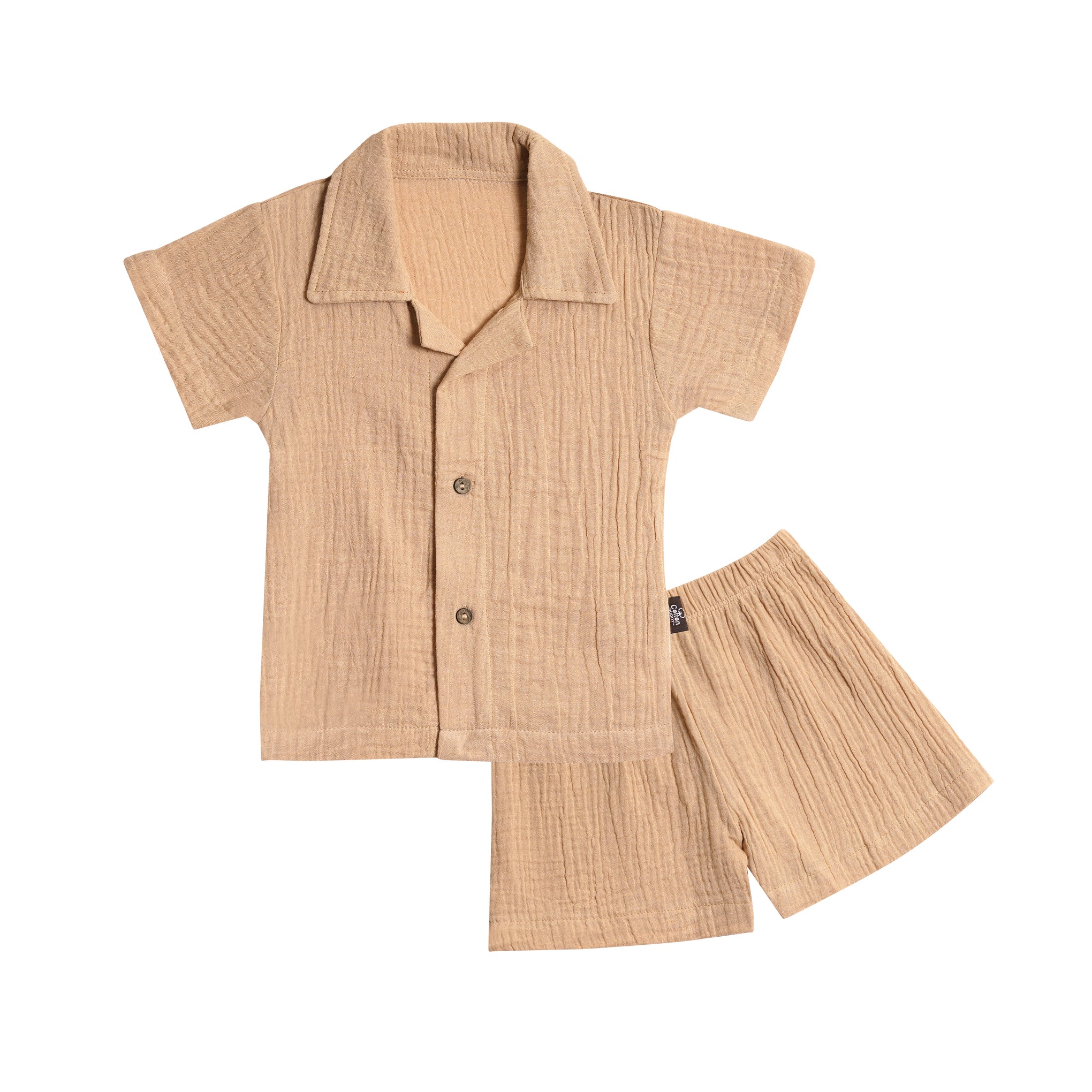 Half Sleeves Collared Shirt with Shorts – Muslin Gauze Loungewear Set (Beize Color) – Suitable for Kids (1–6 Years)