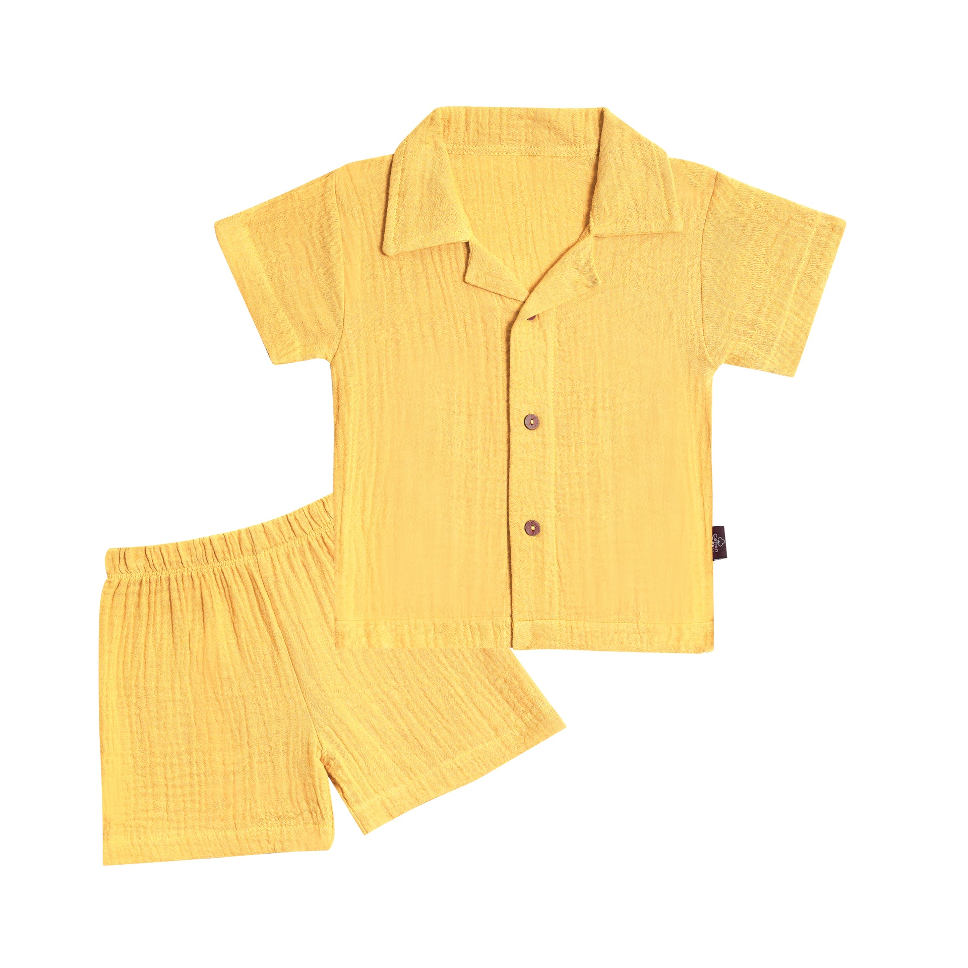 Half Sleeves Collared Shirt with Shorts – Muslin Gauze Loungewear Set (Yellow Color) – Suitable for Kids (1–6 Years)