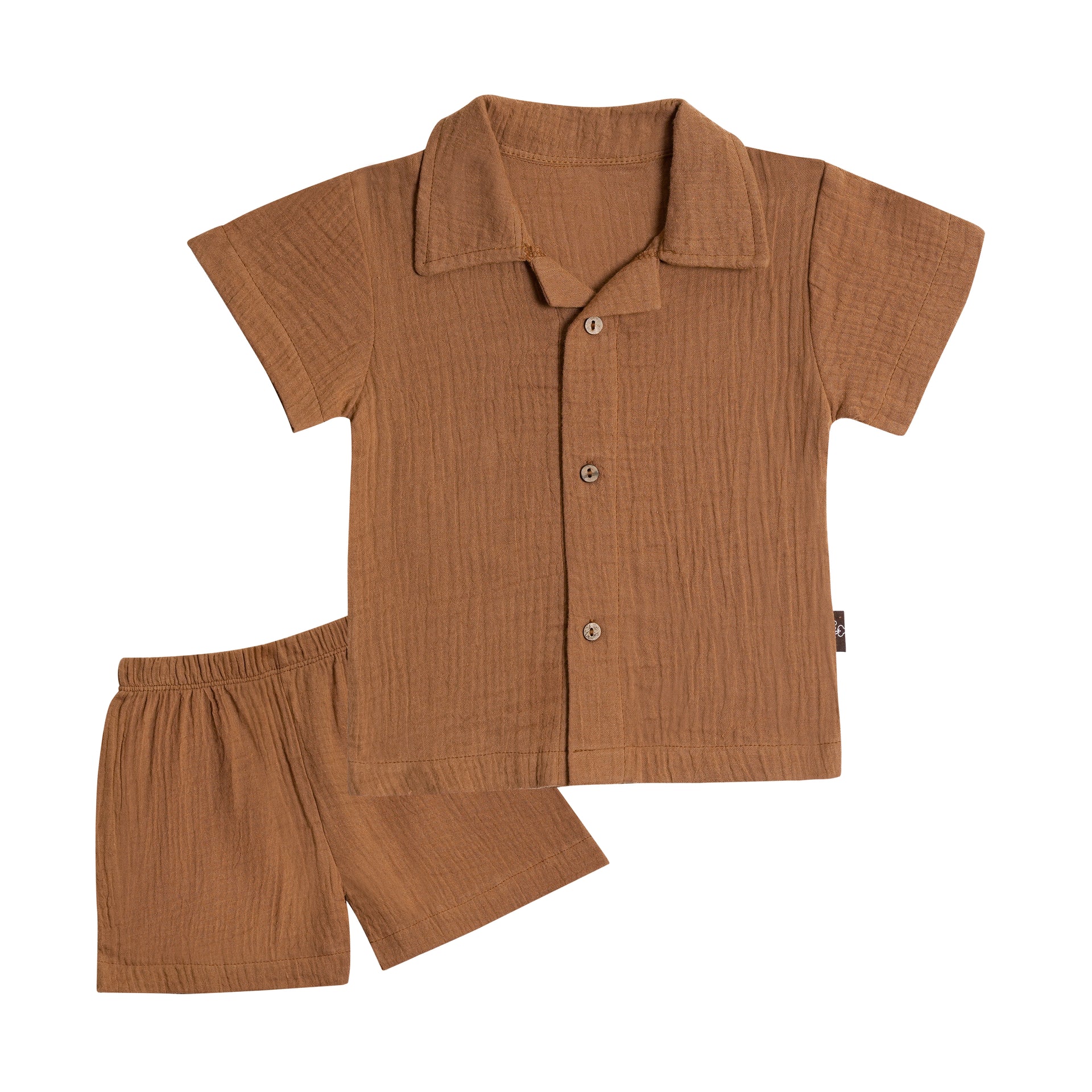 Half Sleeves Collared Shirt with Shorts – Muslin Gauze Loungewear Set (Brown Color) – Suitable for Kids (1–6 Years)