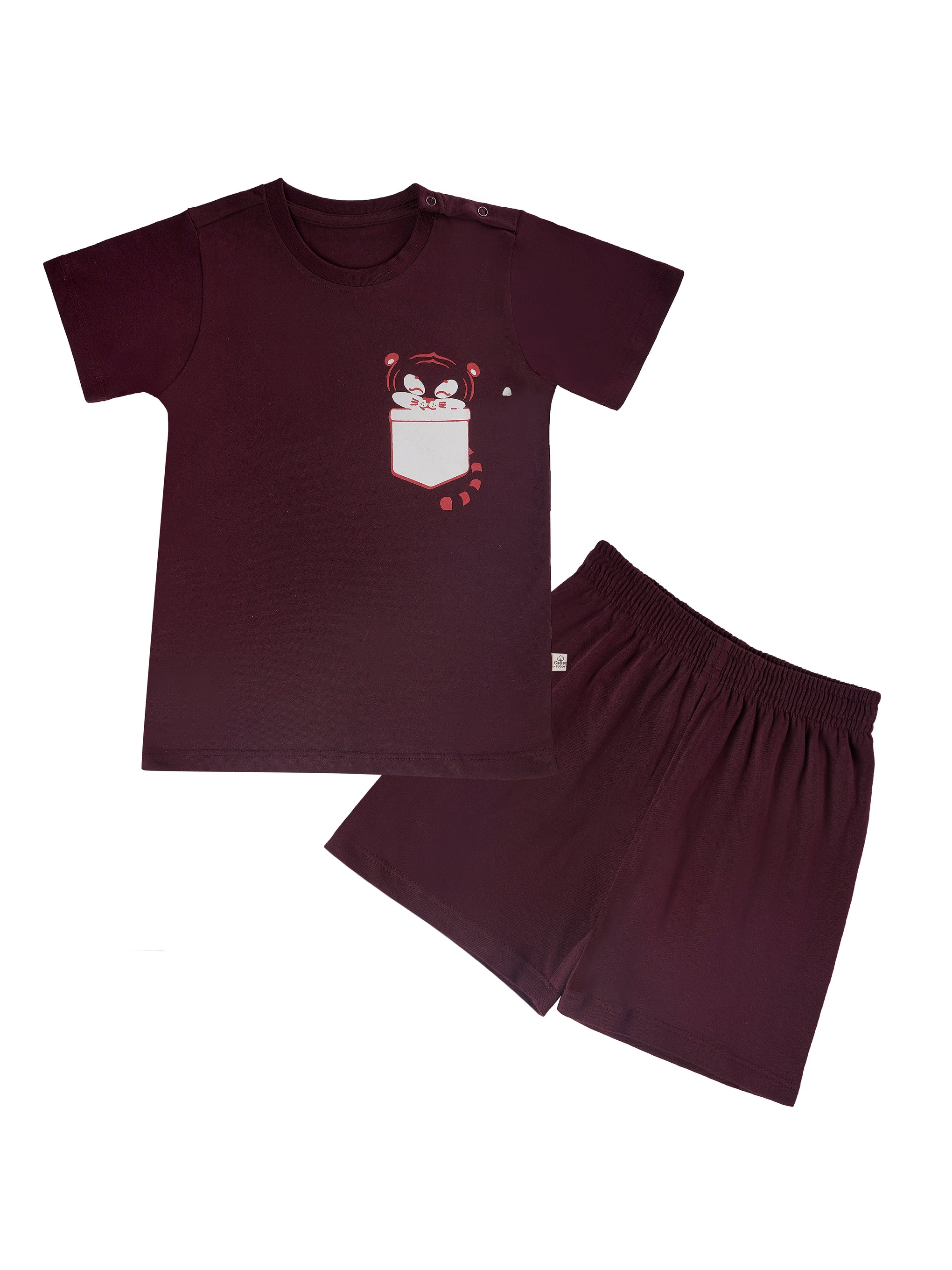 Round Neck T-Shirt with Shorts – Cotton Casual Wear Set (Burgandy) – Suitable for Kids (2–6 Years)