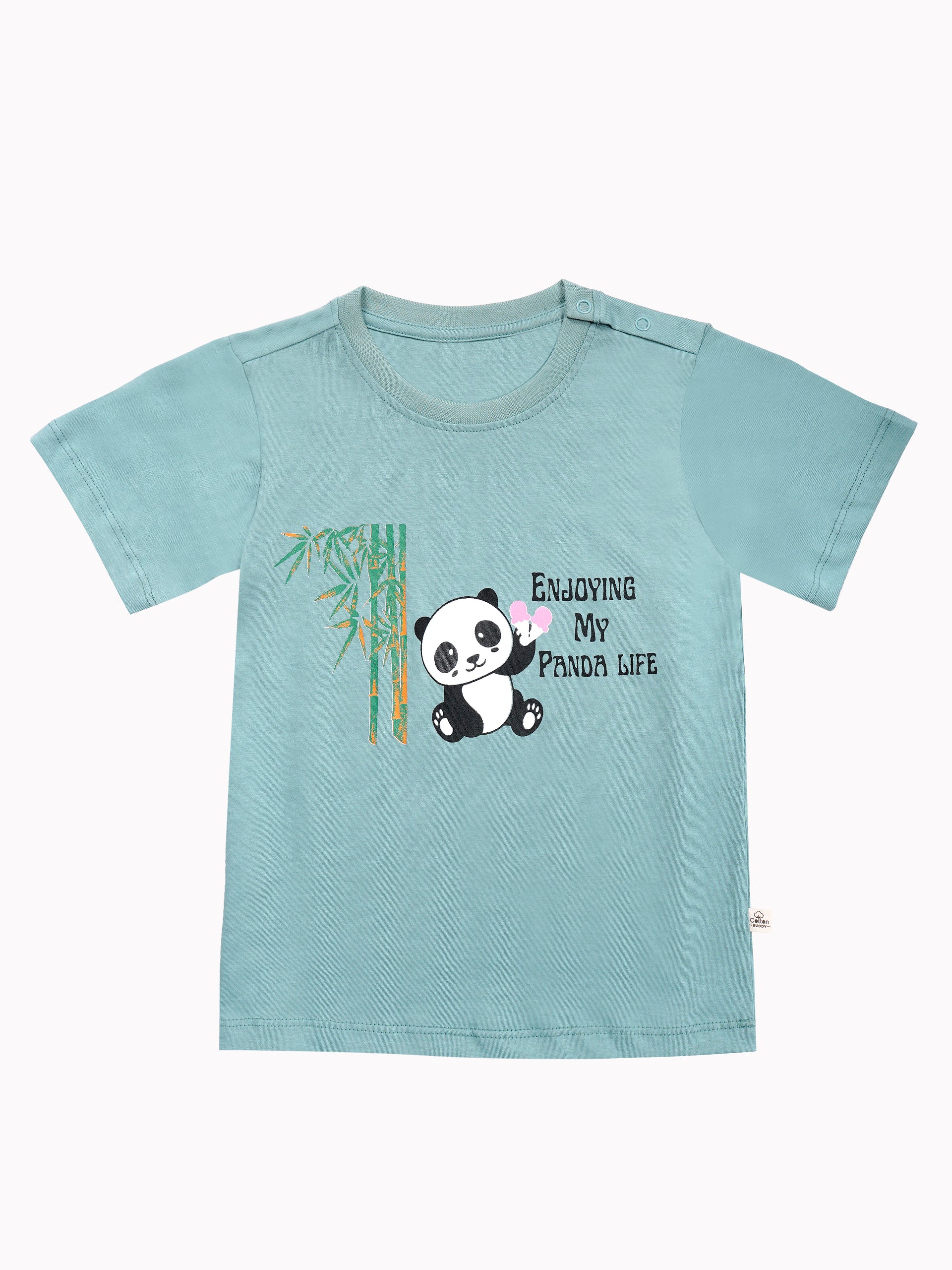 Round Neck T-Shirt with Shorts – Cotton Casual Wear Set (Light Green & Enjoy My Panda Life) – Suitable for Kids (2–6 Years)