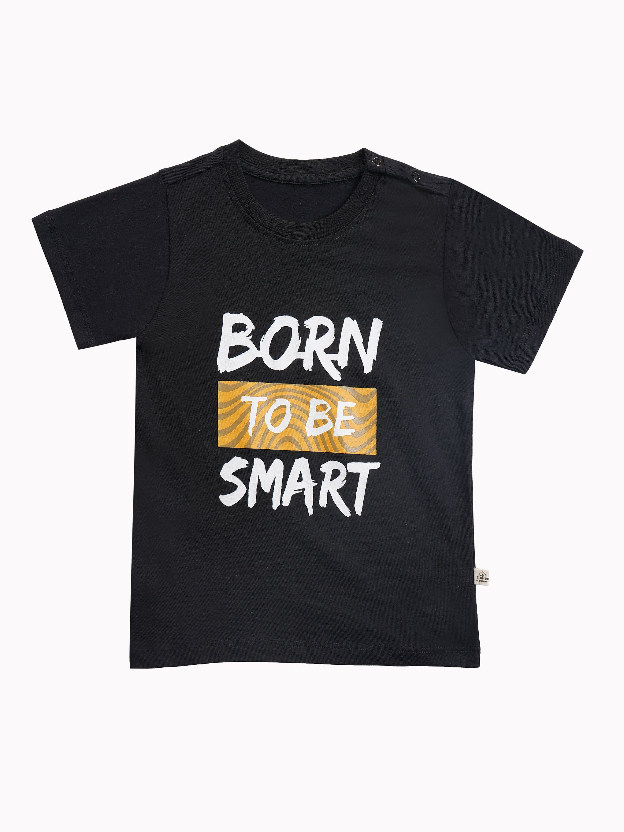 Round Neck T-Shirt with Shorts – Cotton Casual Wear Set (Black & Born To Be Smart) – Suitable for Kids (2–6 Years)