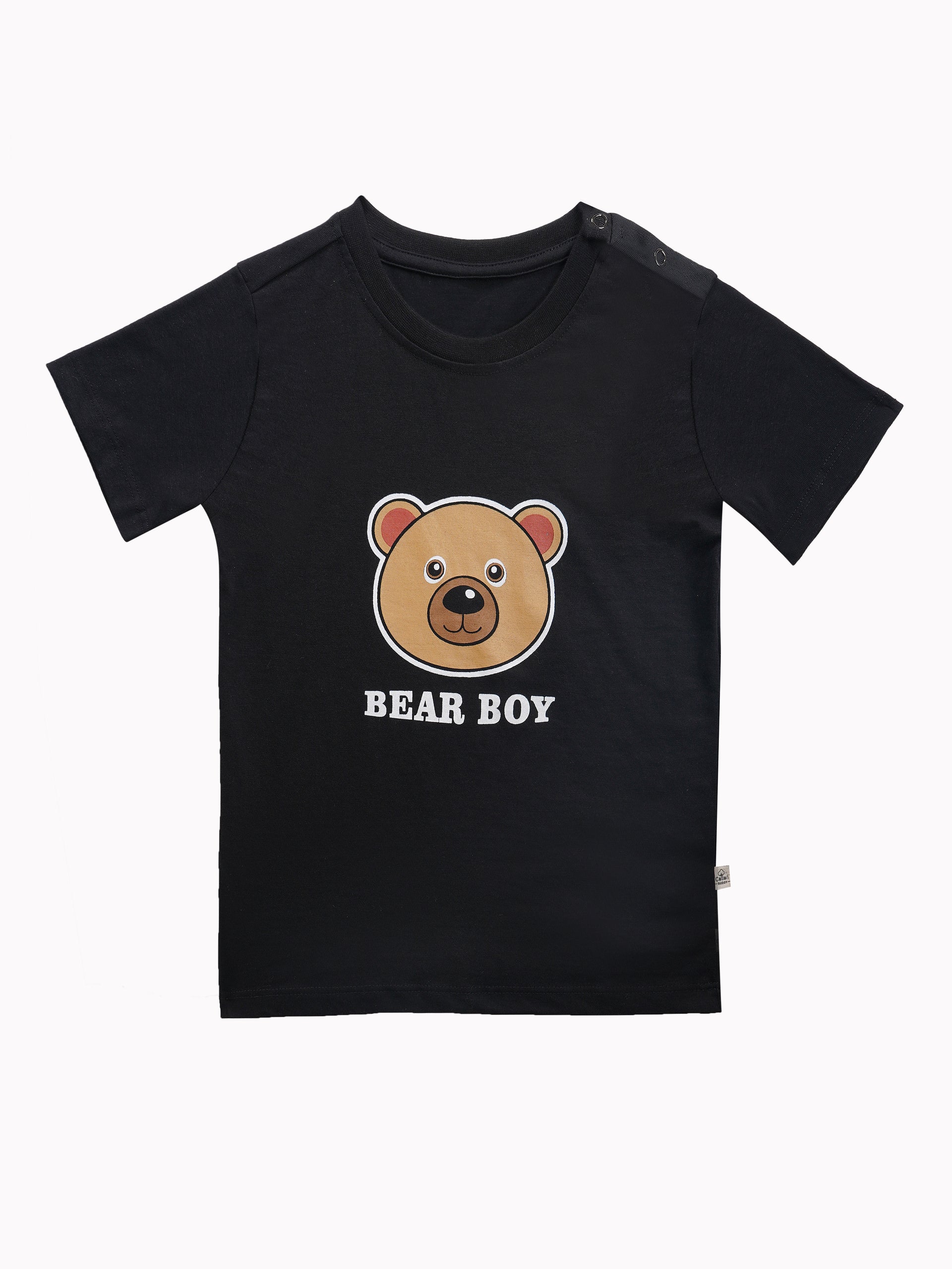 Round Neck T-Shirt with Shorts – Cotton Casual Wear Set (Black & Bear Boy) – Suitable for Kids (2–6 Years)