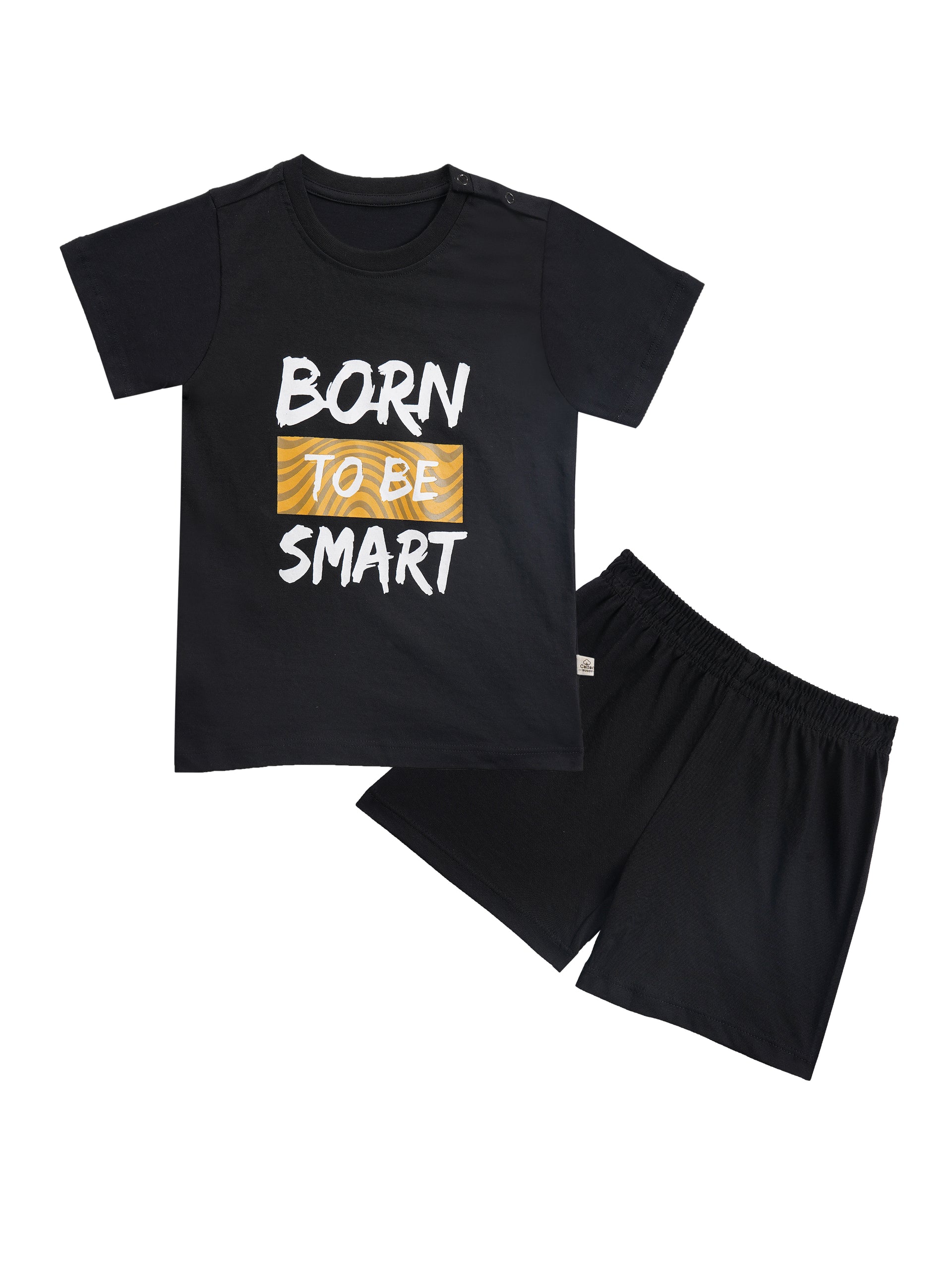 Round Neck T-Shirt with Shorts – Cotton Casual Wear Set (Black & Born To Be Smart) – Suitable for Kids (2–6 Years)