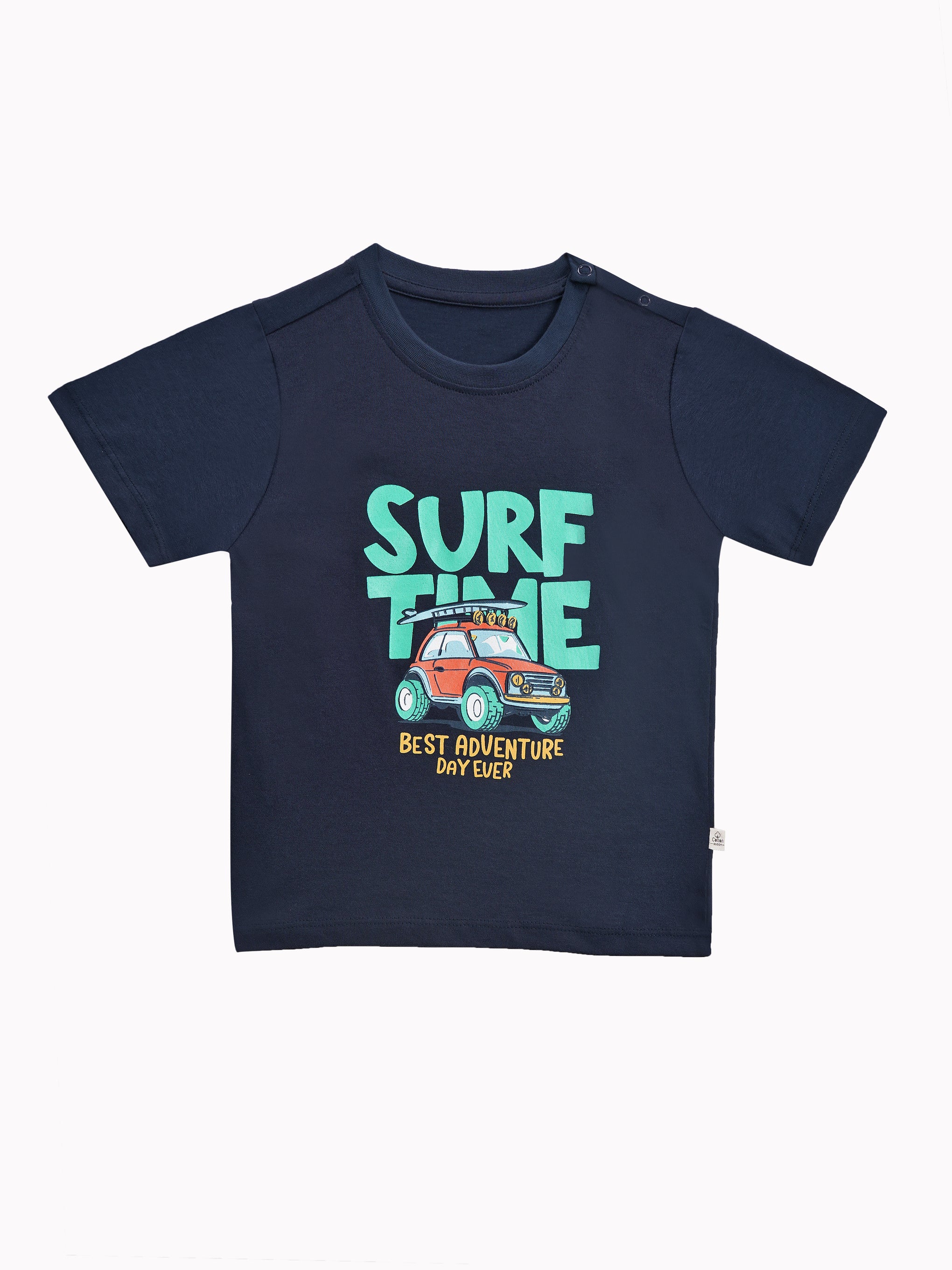 Round Neck T-Shirt with Shorts – Cotton Casual Wear Set (Dark Blue & Surf Time ) – Suitable for Kids (2–6 Years)