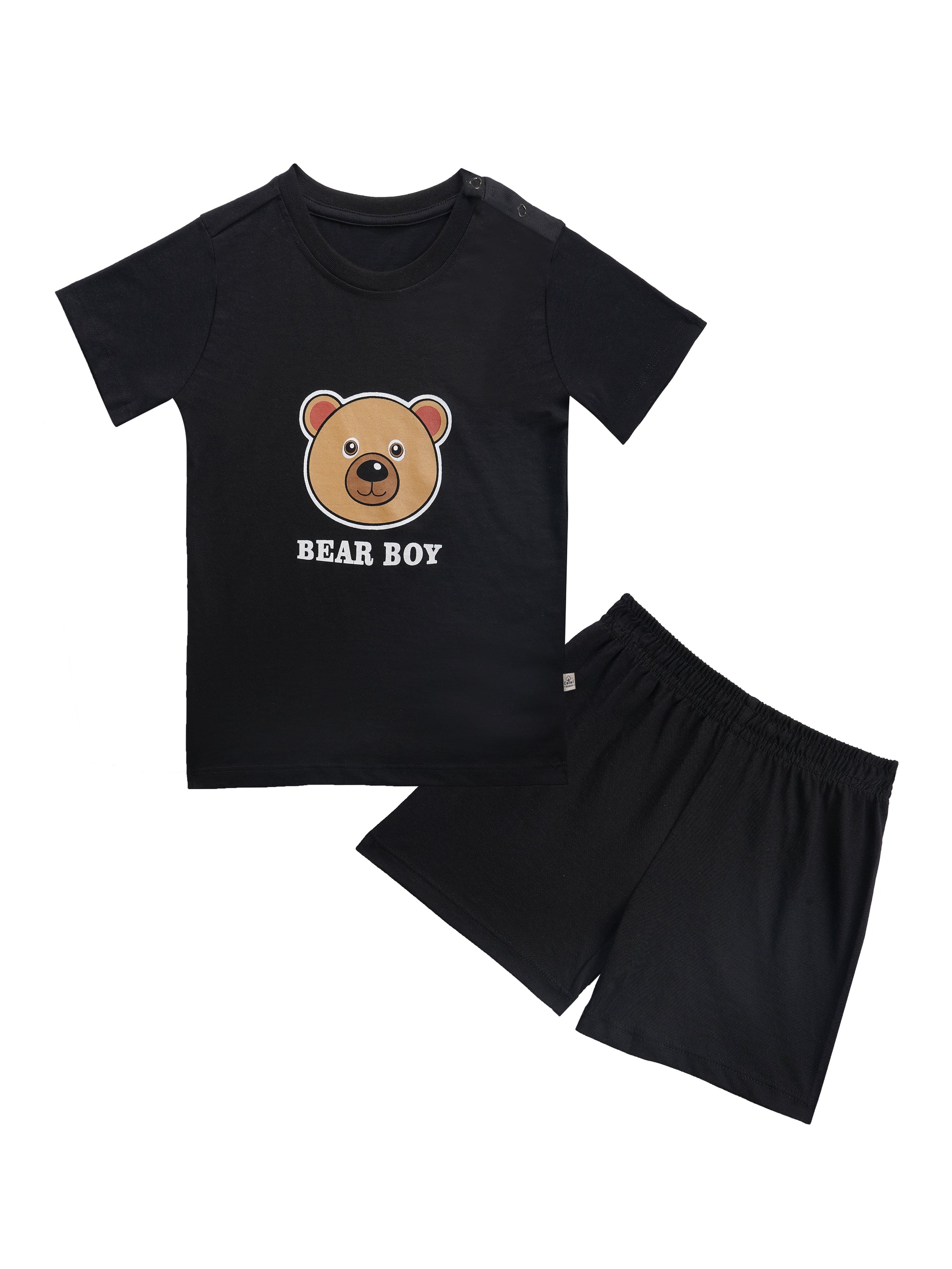 Round Neck T-Shirt with Shorts – Cotton Casual Wear Set (Black & Bear Boy) – Suitable for Kids (2–6 Years)