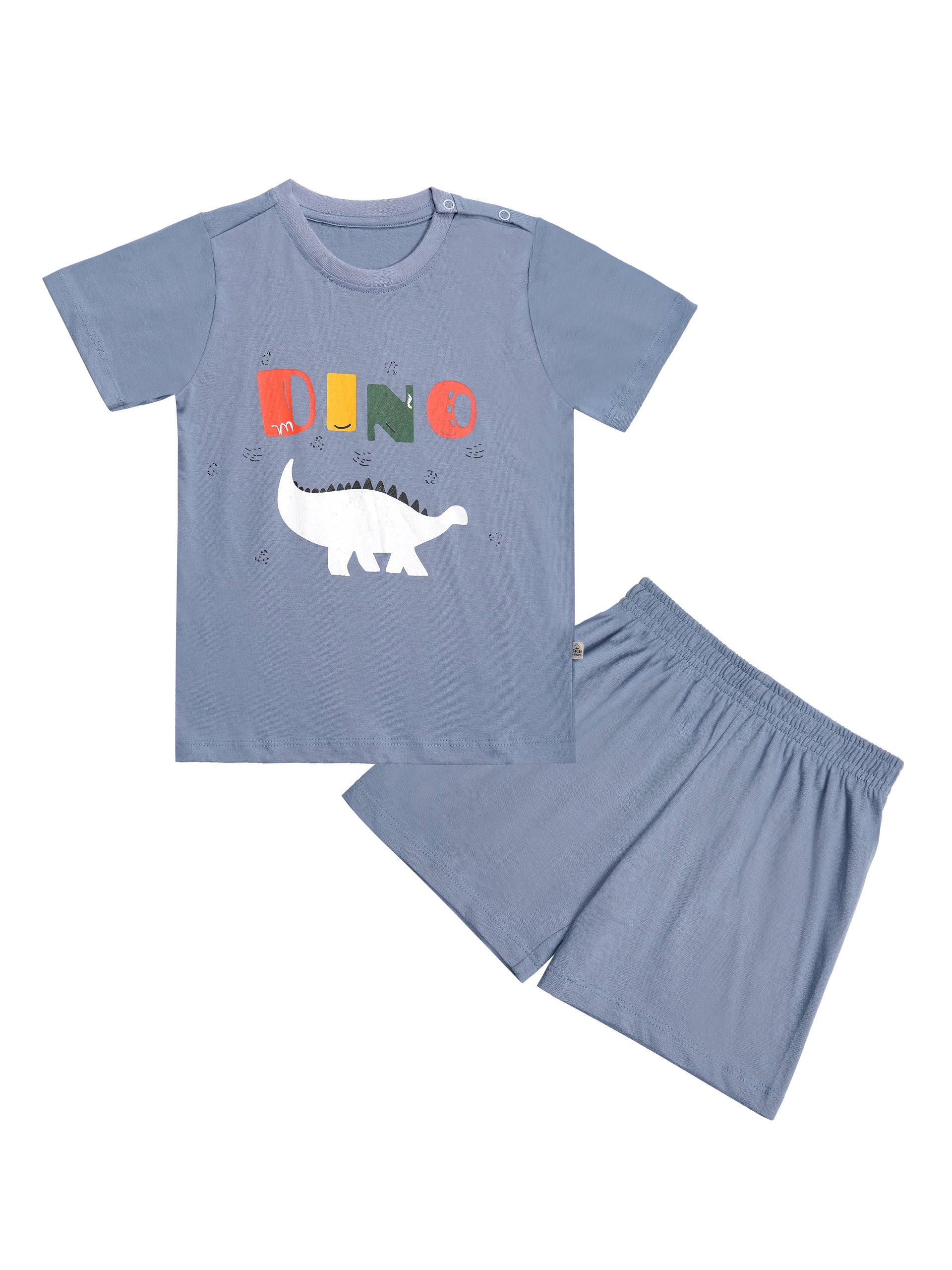 Round Neck T-Shirt with Shorts – Cotton Casual Wear Set (Light Blue & Dino) – Suitable for Kids (2–6 Years)