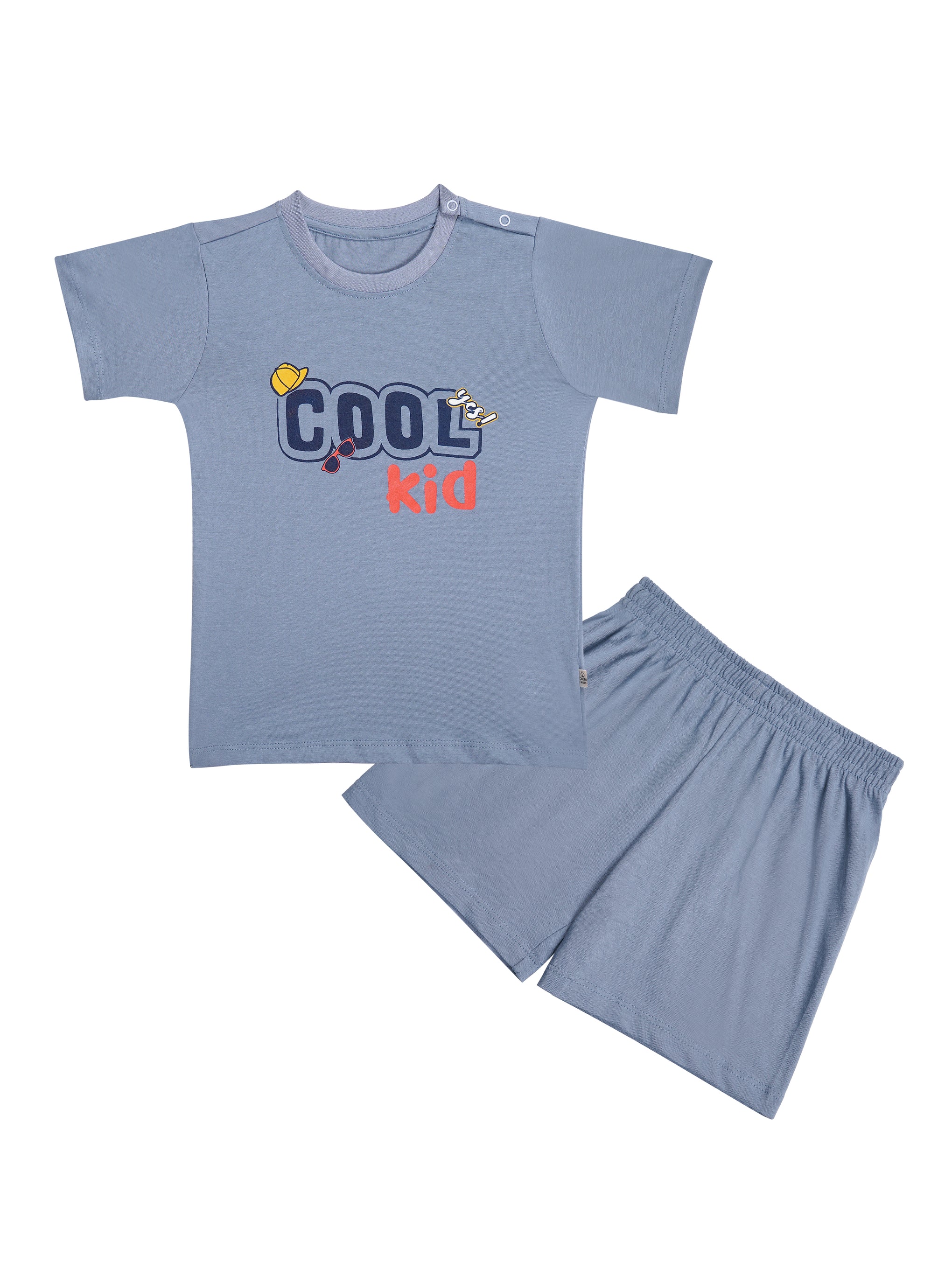 Round Neck T-Shirt with Shorts – Cotton Casual Wear Set (Light Blue & Cool Kid ) – Suitable for Kids (2–6 Years)