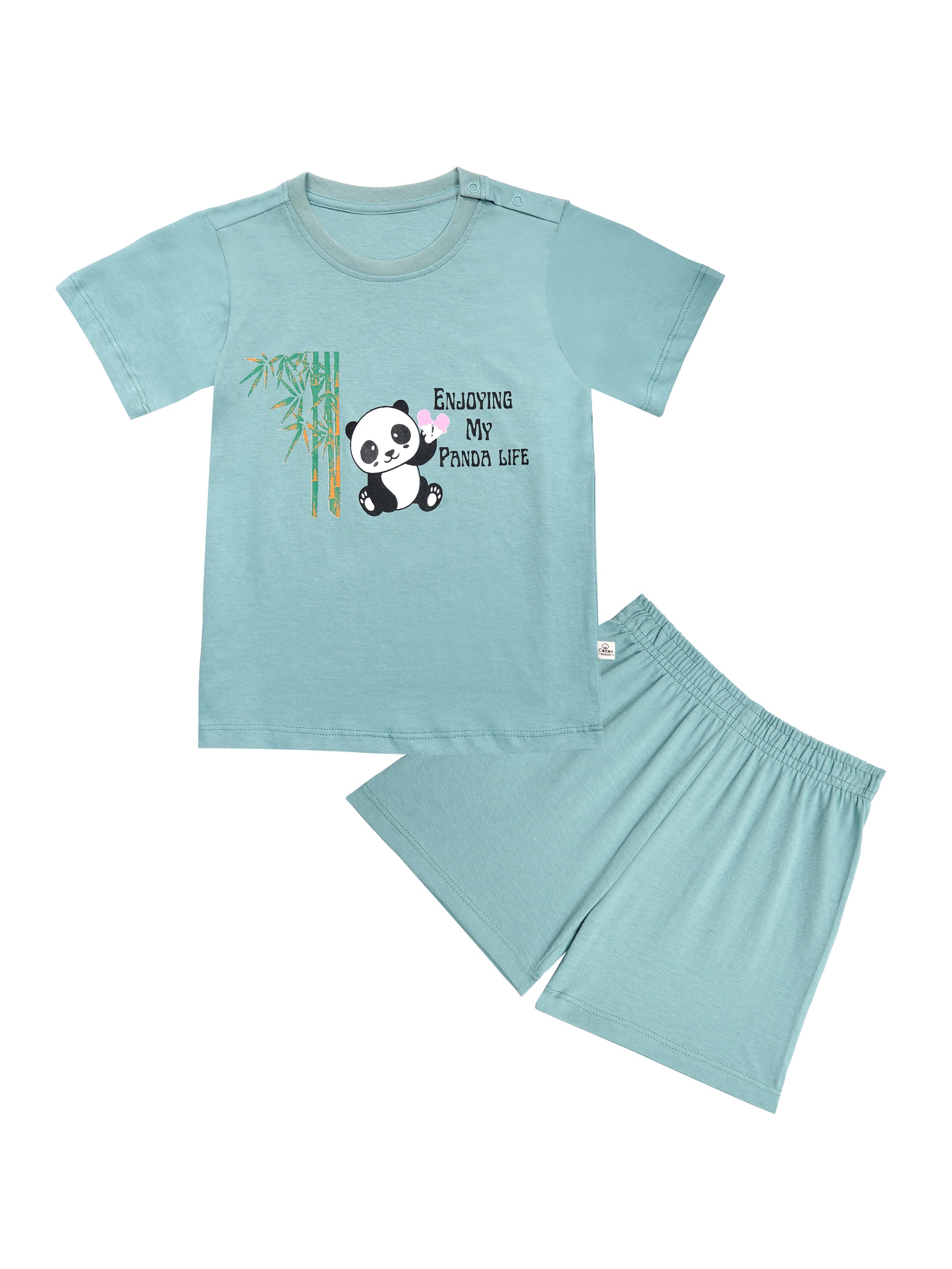 Round Neck T-Shirt with Shorts – Cotton Casual Wear Set (Light Green & Enjoy My Panda Life) – Suitable for Kids (2–6 Years)