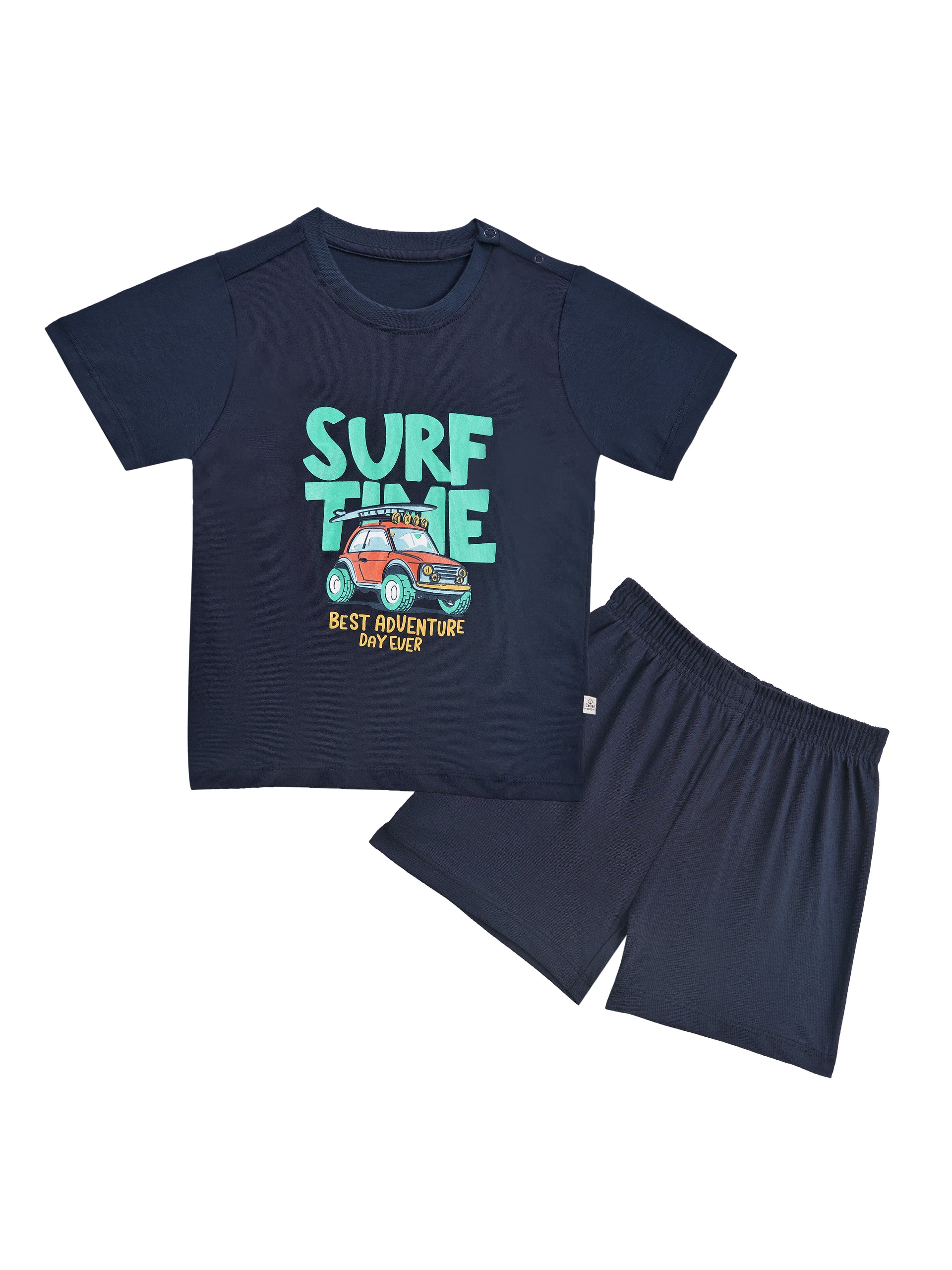 Round Neck T-Shirt with Shorts – Cotton Casual Wear Set (Dark Blue & Surf Time ) – Suitable for Kids (2–6 Years)