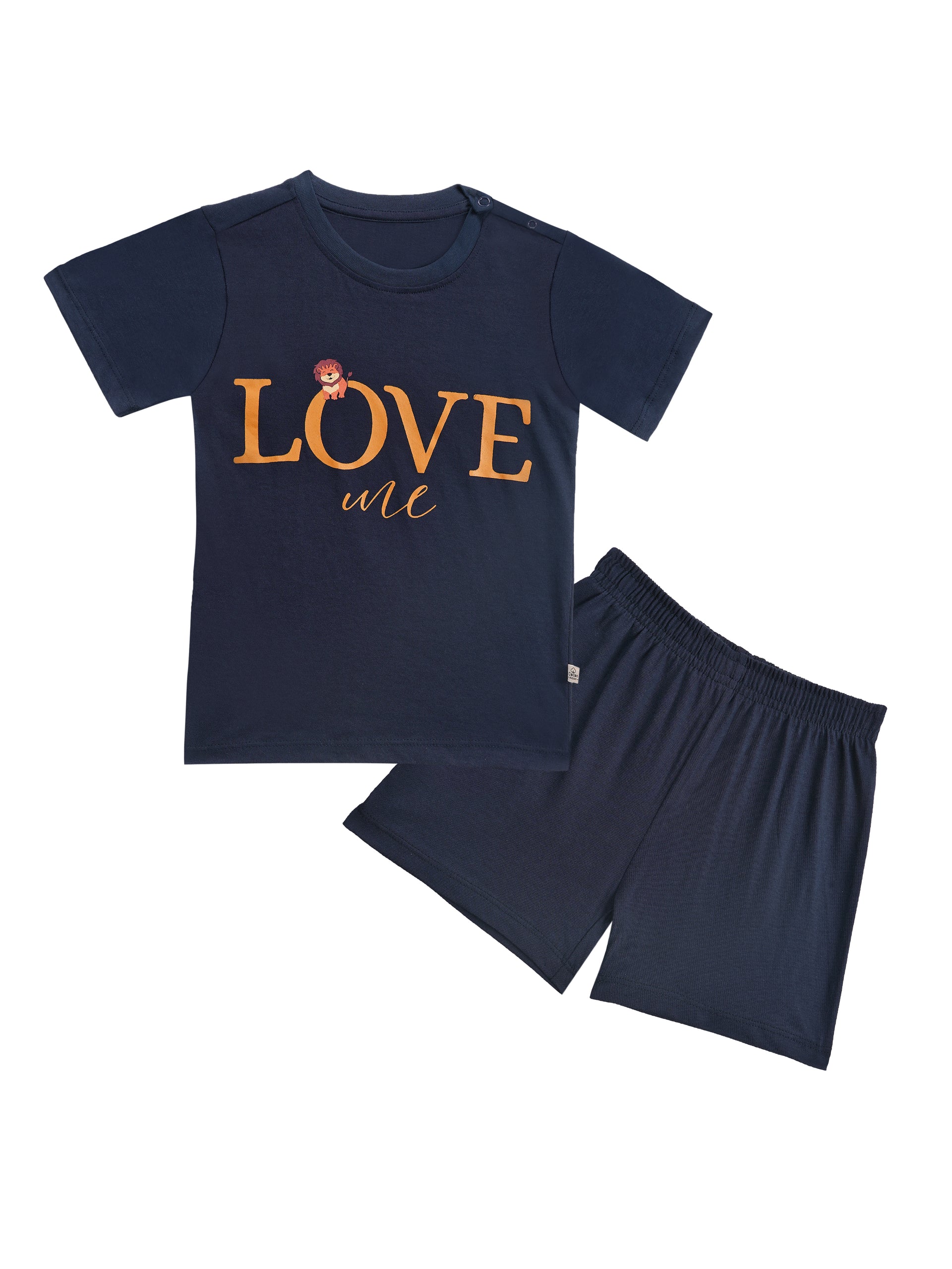 Round Neck T-Shirt with Shorts – Cotton Casual Wear Set (Dark Blue & Love me) – Suitable for Kids (2–6 Years)