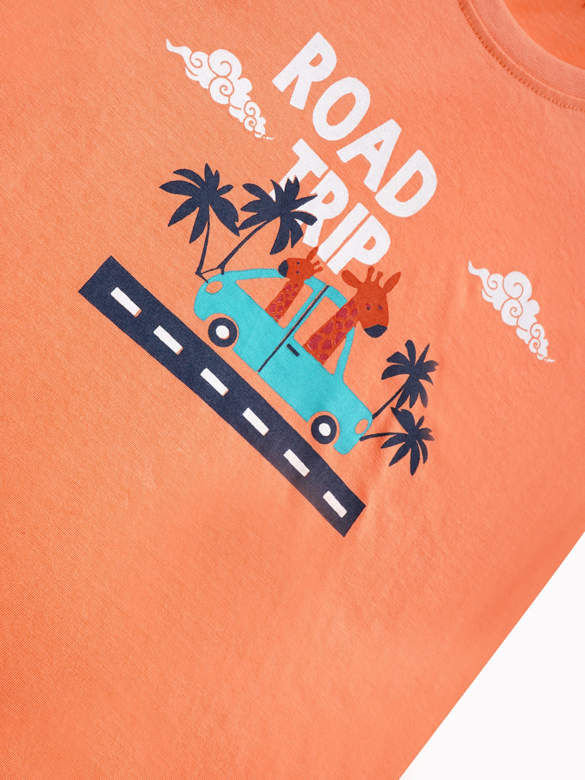 Round Neck T-Shirt with Shorts – Cotton Casual Wear Set (Orange & Road Trip) – Suitable for Kids (2–6 Years)