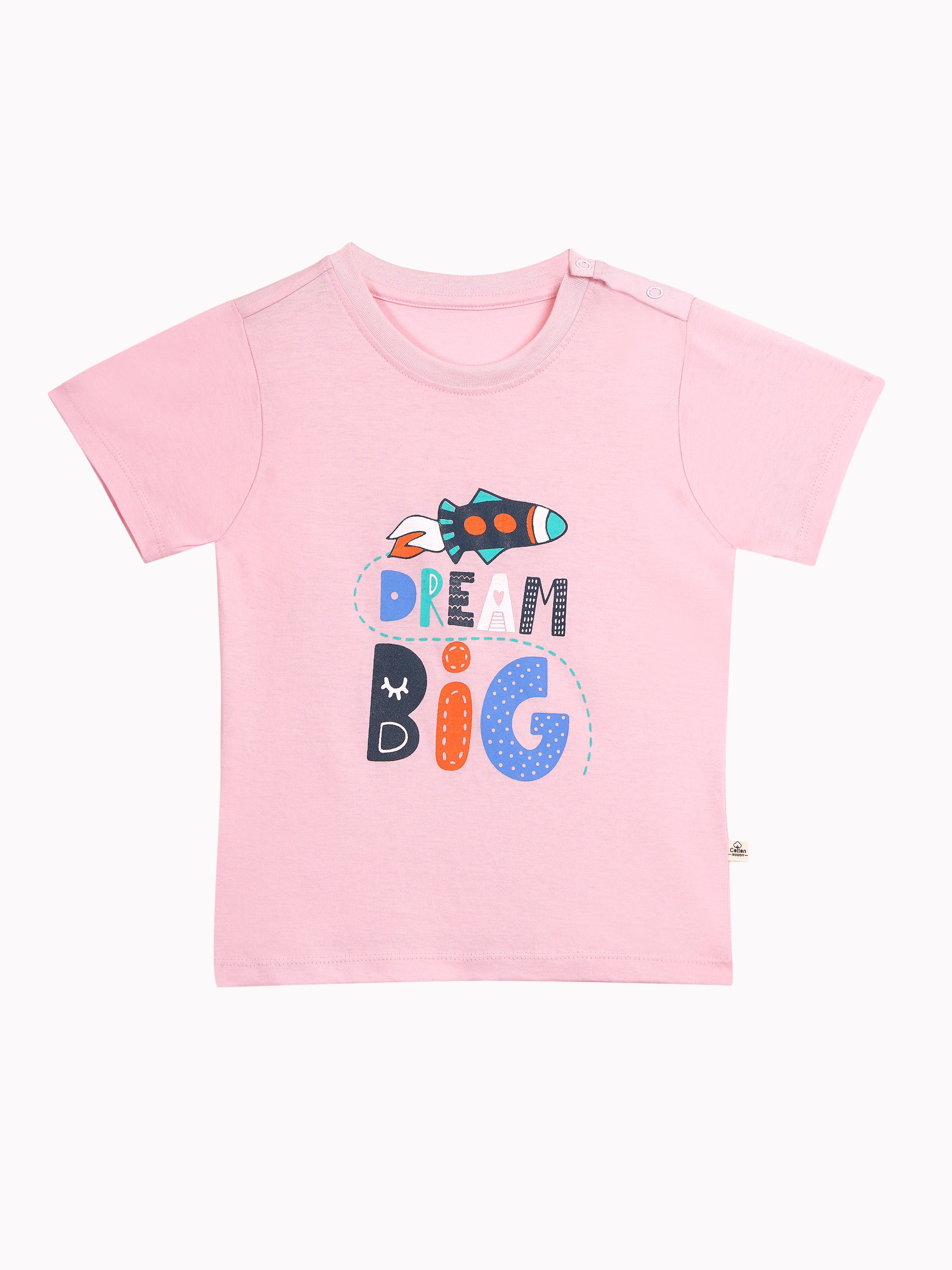 Round Neck T-Shirt with Shorts – Cotton Casual Wear Set (Pink & Dream Big ) – Suitable for Kids (2–6 Years)