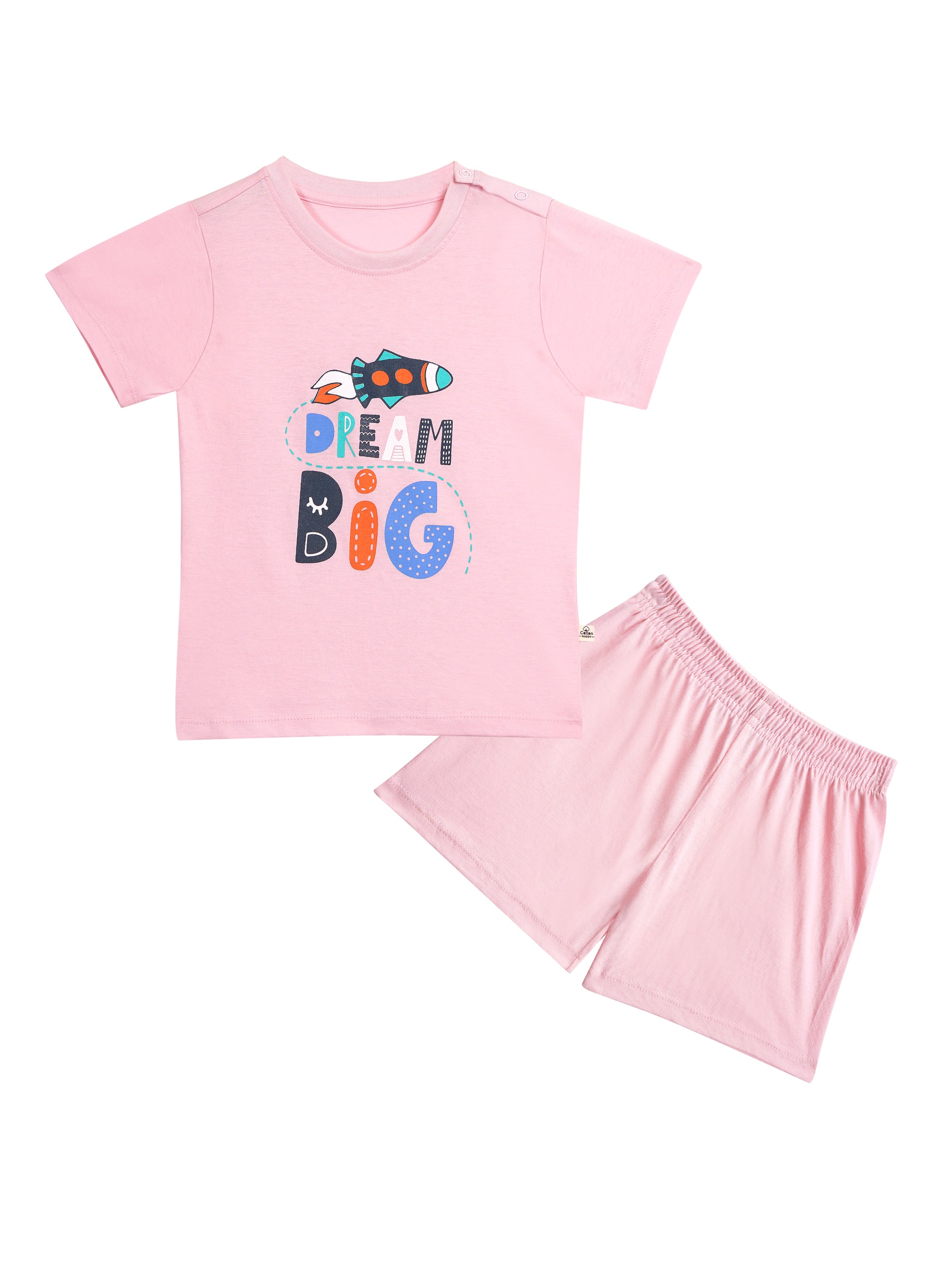 Round Neck T-Shirt with Shorts – Cotton Casual Wear Set (Pink & Dream Big ) – Suitable for Kids (2–6 Years)