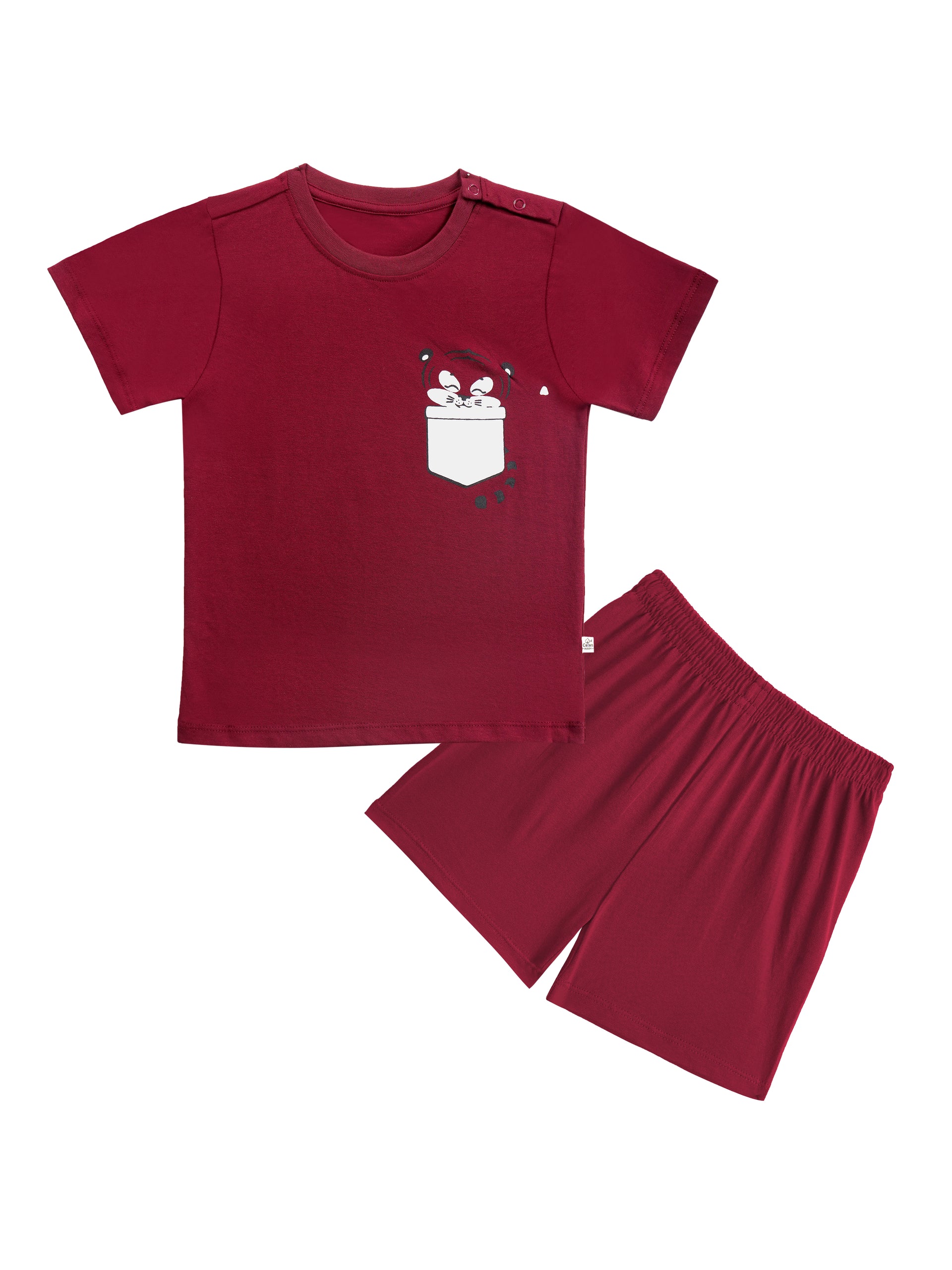 Round Neck T-Shirt with Shorts – Cotton Casual Wear Set (Red & Tiger ) – Suitable for Kids (2–6 Years)