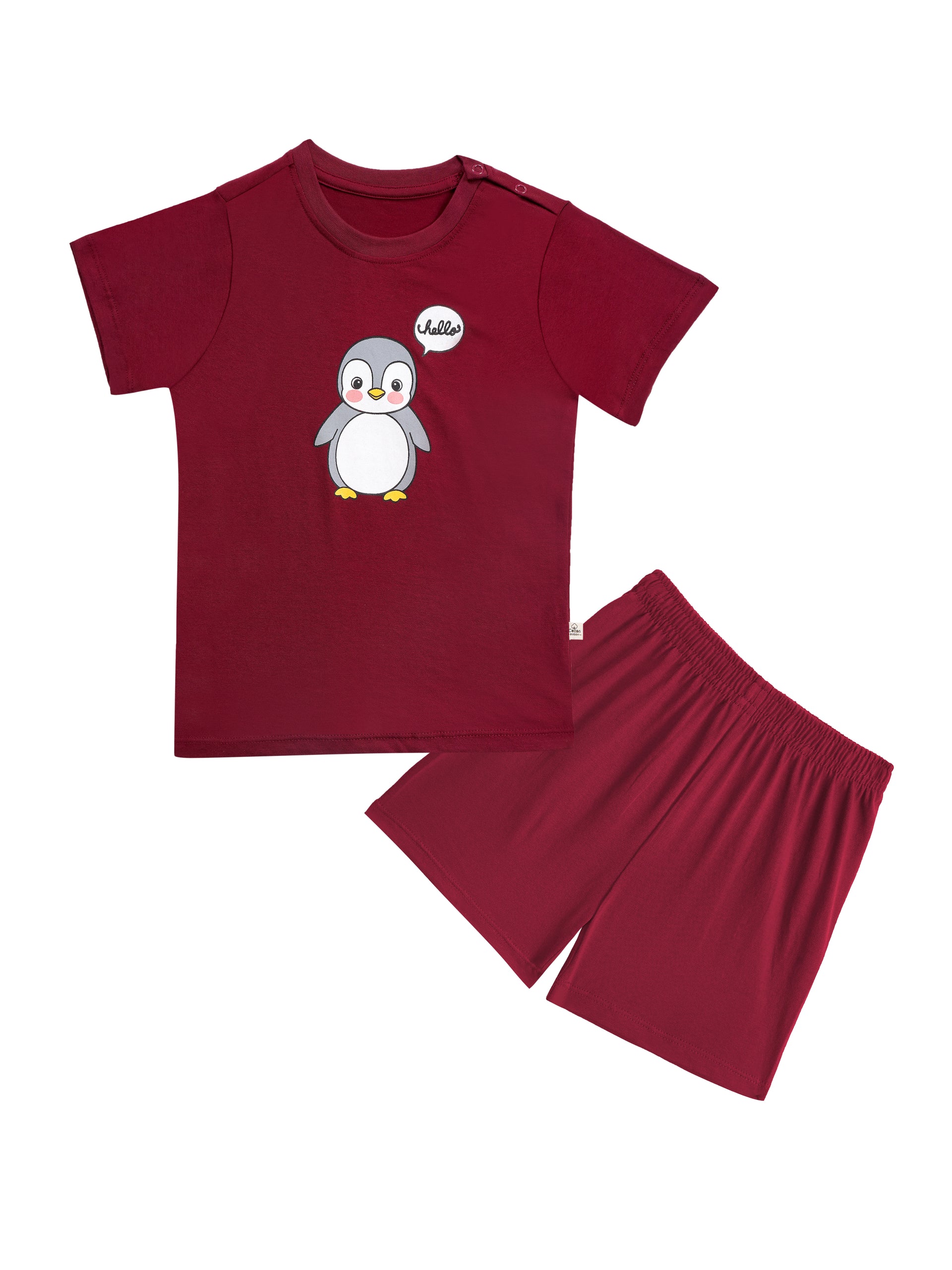 Round Neck T-Shirt with Shorts – Cotton Casual Wear Set (Red & Hello) – Suitable for Kids (2–6 Years)