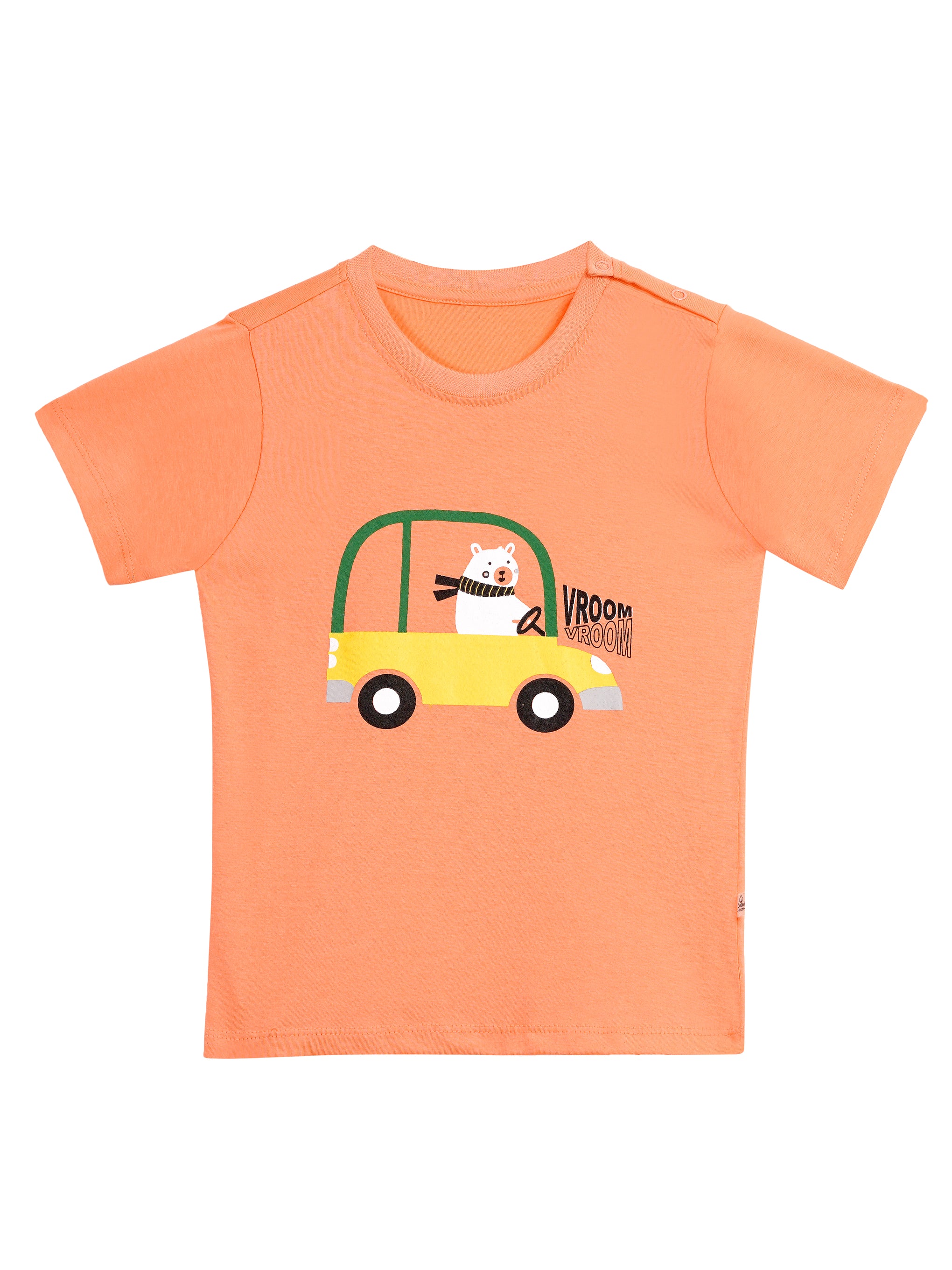 Round Neck T-Shirt with Shorts – Cotton Casual Wear Set (Orange & Vroom) – Suitable for Kids (2–6 Years)