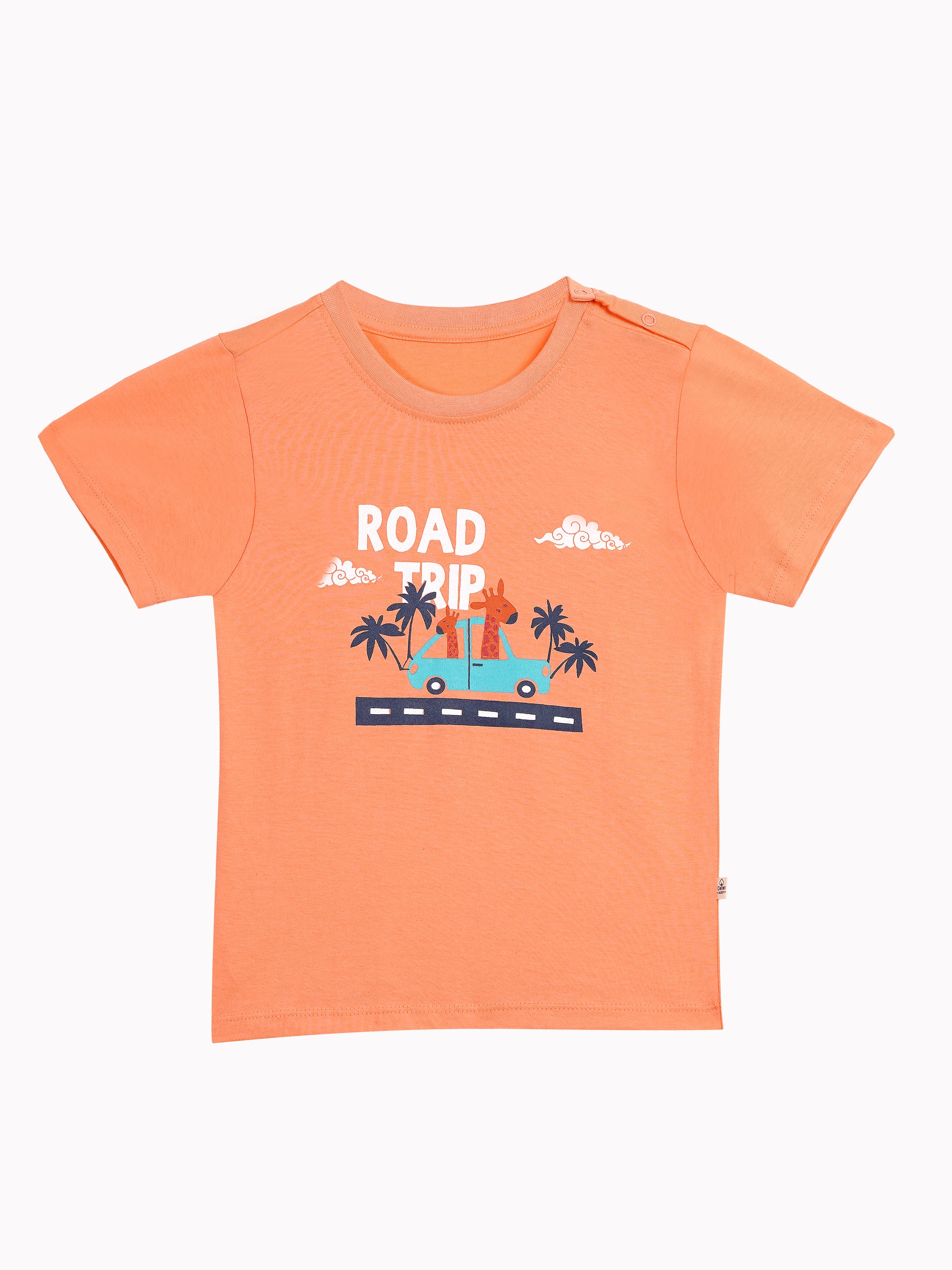Round Neck T-Shirt with Shorts – Cotton Casual Wear Set (Orange & Road Trip) – Suitable for Kids (2–6 Years)