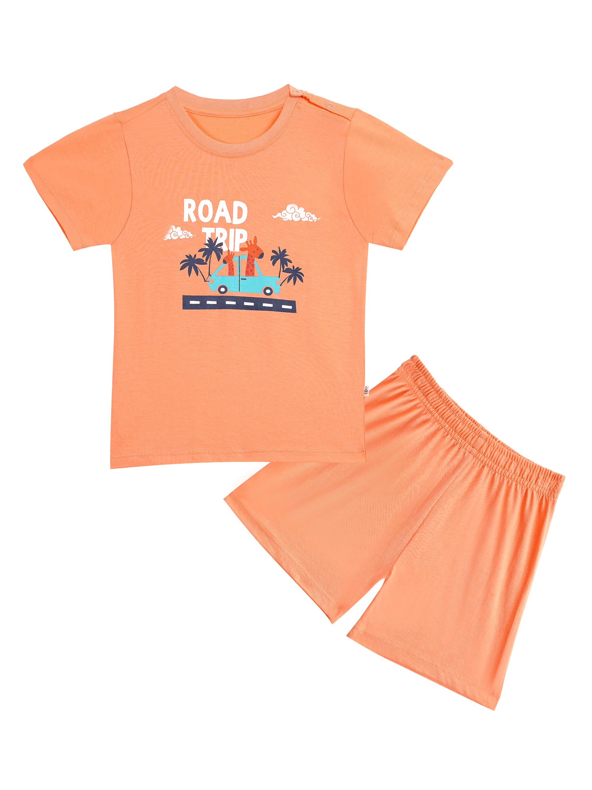 Round Neck T-Shirt with Shorts – Cotton Casual Wear Set (Orange & Road Trip) – Suitable for Kids (2–6 Years)