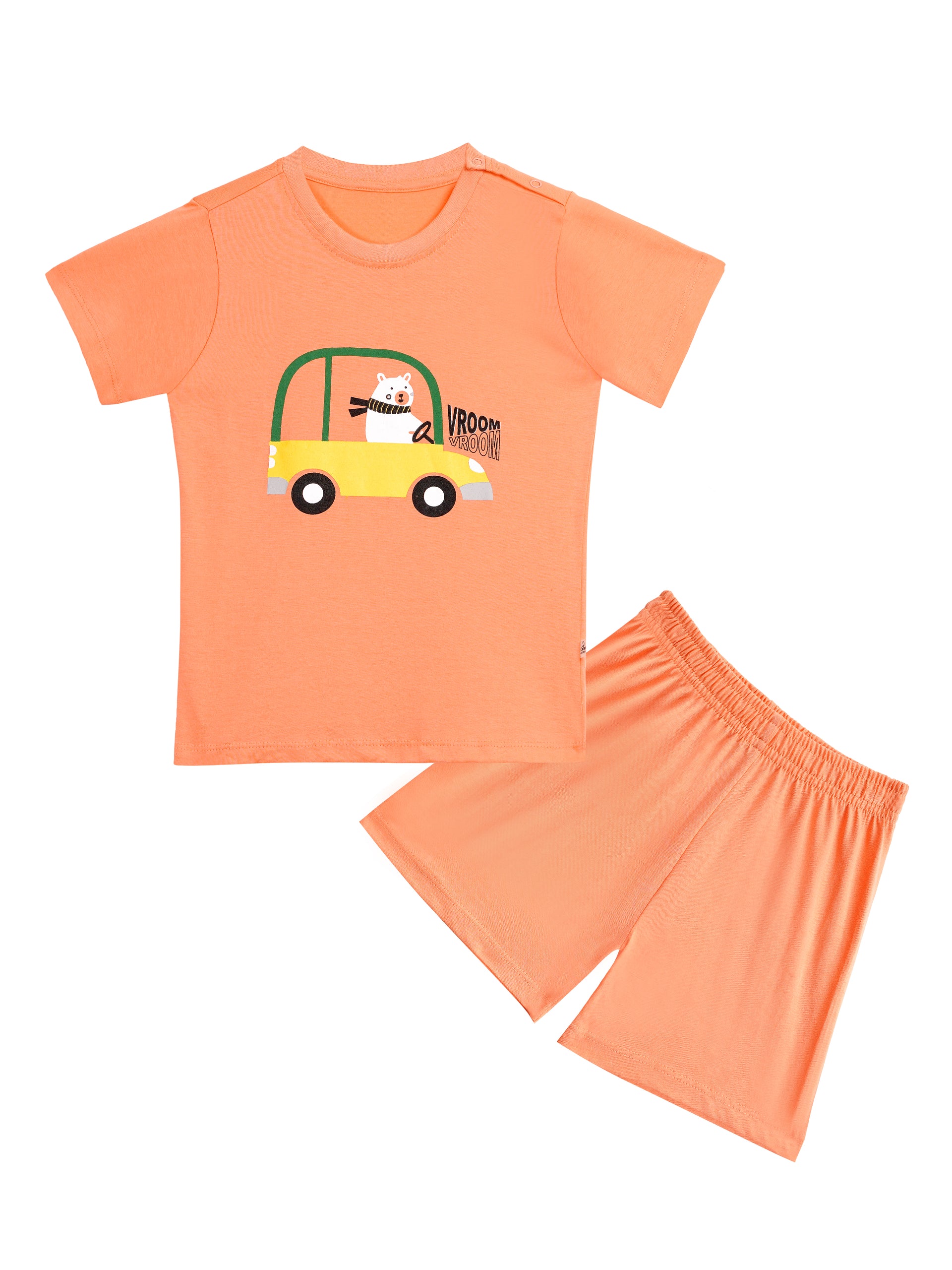 Round Neck T-Shirt with Shorts – Cotton Casual Wear Set (Orange & Vroom) – Suitable for Kids (2–6 Years)