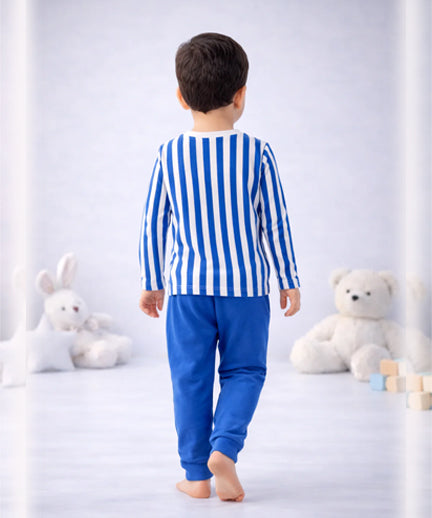 Full Sleeves Round Neck T-Shirt with Full Pants Casual Wear Set – Blue & White Stripe Pattern (2–6 years)