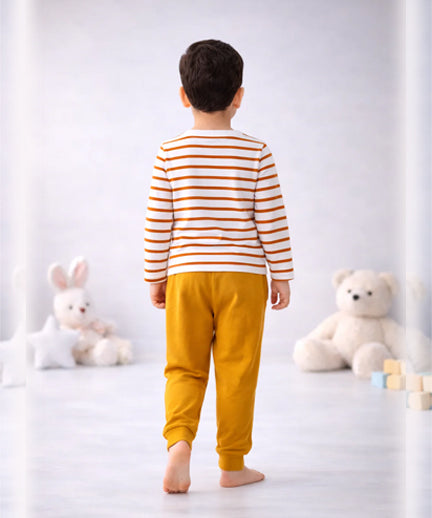 Full Sleeves Round Neck T-Shirt with Full Pants Casual Wear Set – Stripe Mustard (2–6 years)