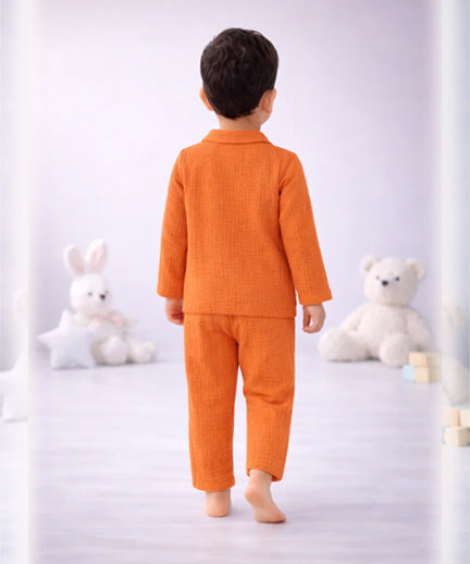 Full Sleeves Collared Shirt with Full Pant – Muslin Gauze Loungewear Set (Orange Color) – Suitable for Kids (1–6 Years)