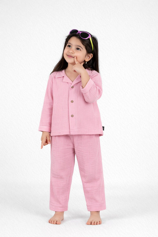 Full Sleeves Collared Shirt with Full Pant – Muslin Gauze Loungewear Set (Pink Color) – Suitable for Kids (1–6 Years)