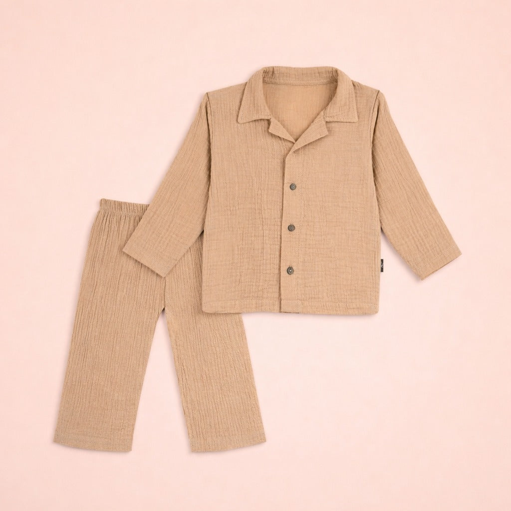 Full Sleeves Collared Shirt with Full Pant – Muslin Gauze Loungewear Set (Beize Color) – Suitable for Kids (1–6 Years)