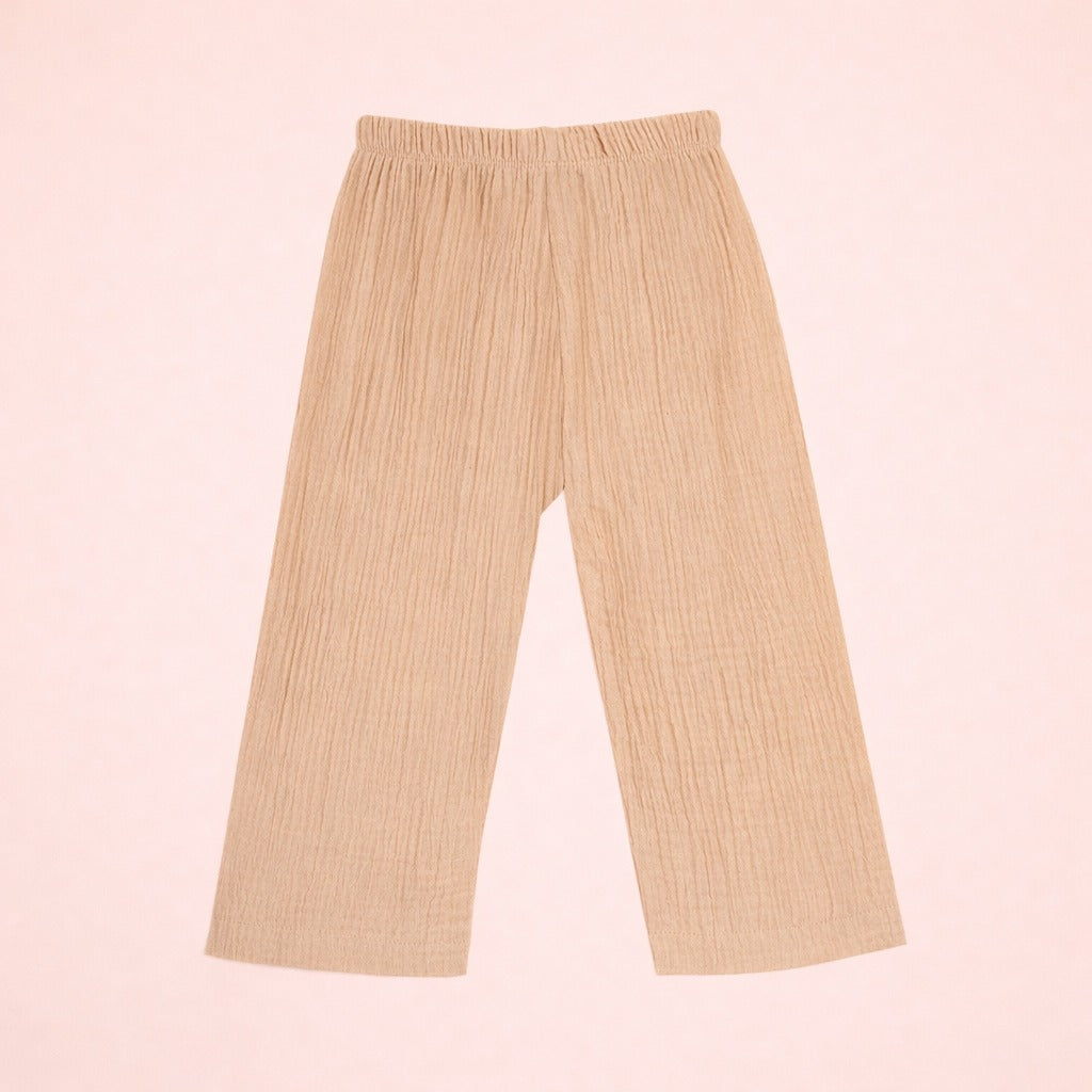 Full Sleeves Collared Shirt with Full Pant – Muslin Gauze Loungewear Set (Beize Color) – Suitable for Kids (1–6 Years)