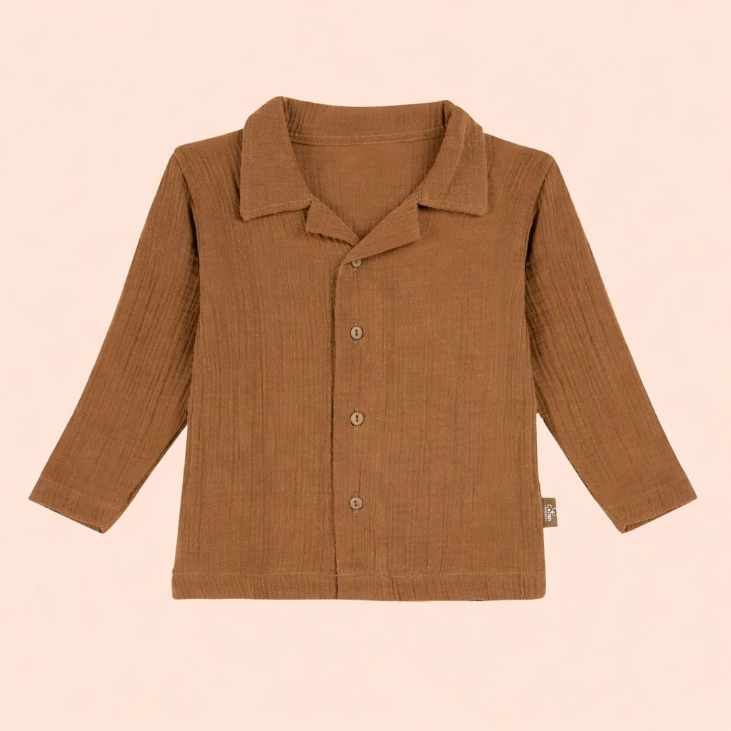 Full Sleeves Collared Shirt with Full Pant – Muslin Gauze Loungewear Set (Brown Color) – Suitable for Kids (1–6 Years)